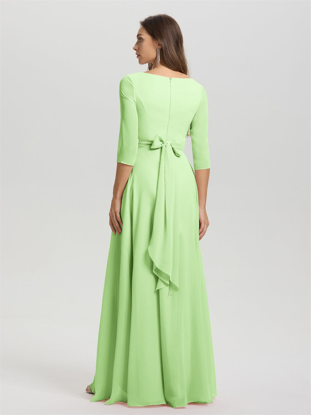 Fließende 3/4 Ärmel V-Ausschnitt Asymmetrisch Hoch Niedrig Chiffon Brautjungfernkleid