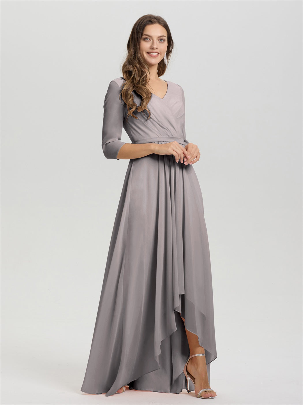 Fließende 3/4 Ärmel V-Ausschnitt Asymmetrisch Hoch Niedrig Chiffon Brautjungfernkleid