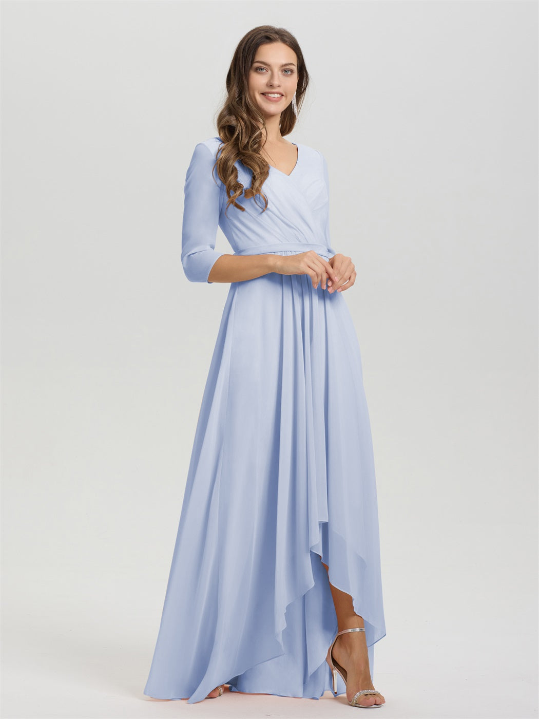 Fließende 3/4 Ärmel V-Ausschnitt Asymmetrisch Hoch Niedrig Chiffon Brautjungfernkleid