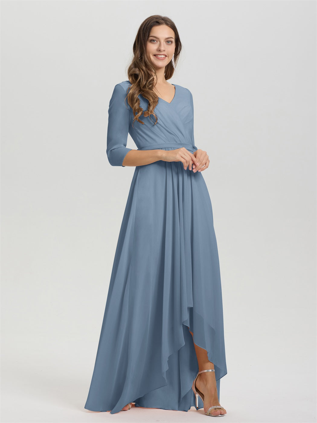 Fließende 3/4 Ärmel V-Ausschnitt Asymmetrisch Hoch Niedrig Chiffon Brautjungfernkleid