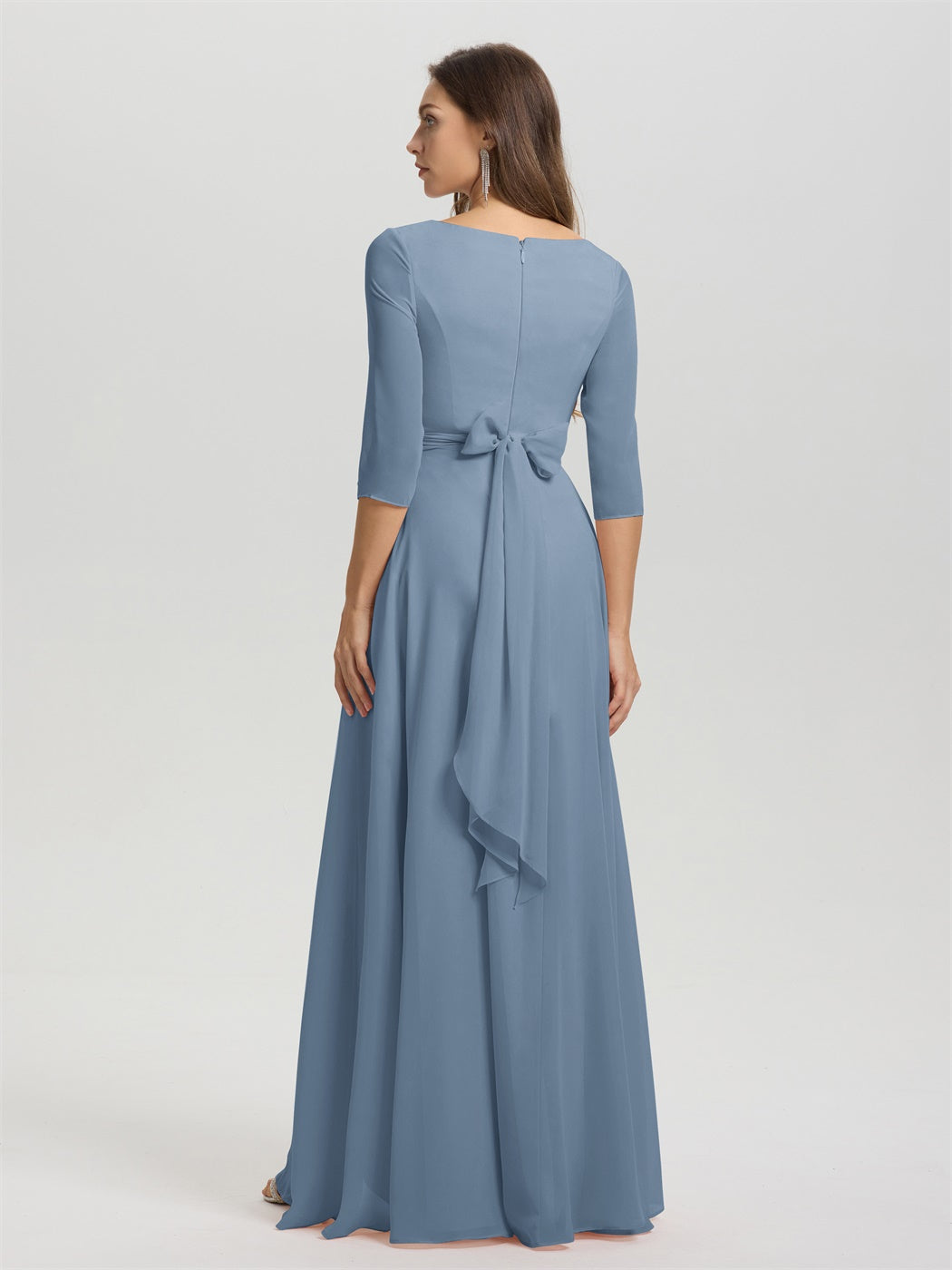 Fließende 3/4 Ärmel V-Ausschnitt Asymmetrisch Hoch Niedrig Chiffon Brautjungfernkleid