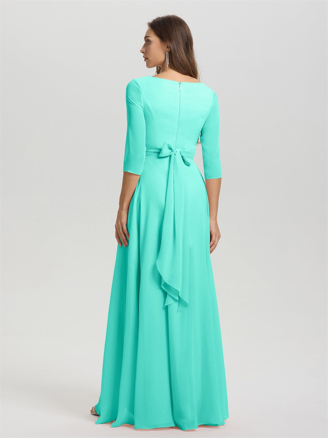 Fließende 3/4 Ärmel V-Ausschnitt Asymmetrisch Hoch Niedrig Chiffon Brautjungfernkleid