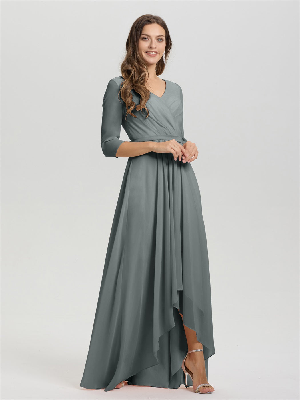 Fließende 3/4 Ärmel V-Ausschnitt Asymmetrisch Hoch Niedrig Chiffon Brautjungfernkleid