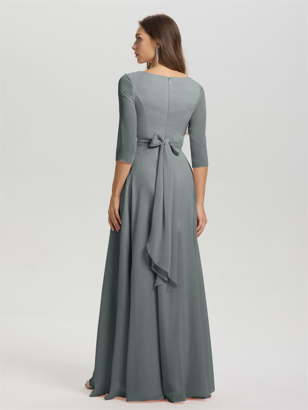 Fließende 3/4 Ärmel V-Ausschnitt Asymmetrisch Hoch Niedrig Chiffon Brautjungfernkleid