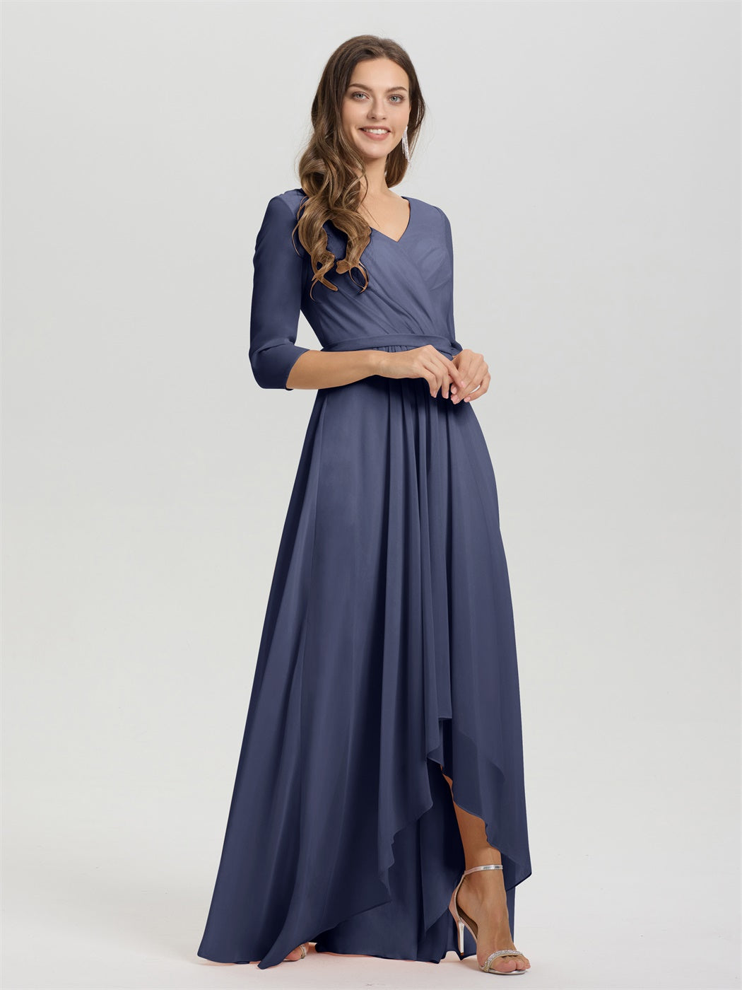 Fließende 3/4 Ärmel V-Ausschnitt Asymmetrisch Hoch Niedrig Chiffon Brautjungfernkleid