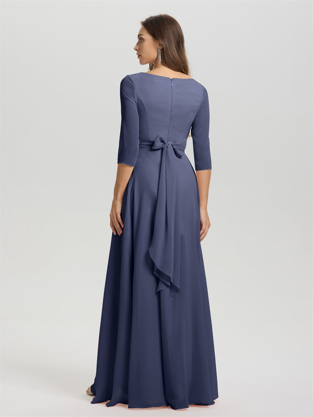 Fließende 3/4 Ärmel V-Ausschnitt Asymmetrisch Hoch Niedrig Chiffon Brautjungfernkleid