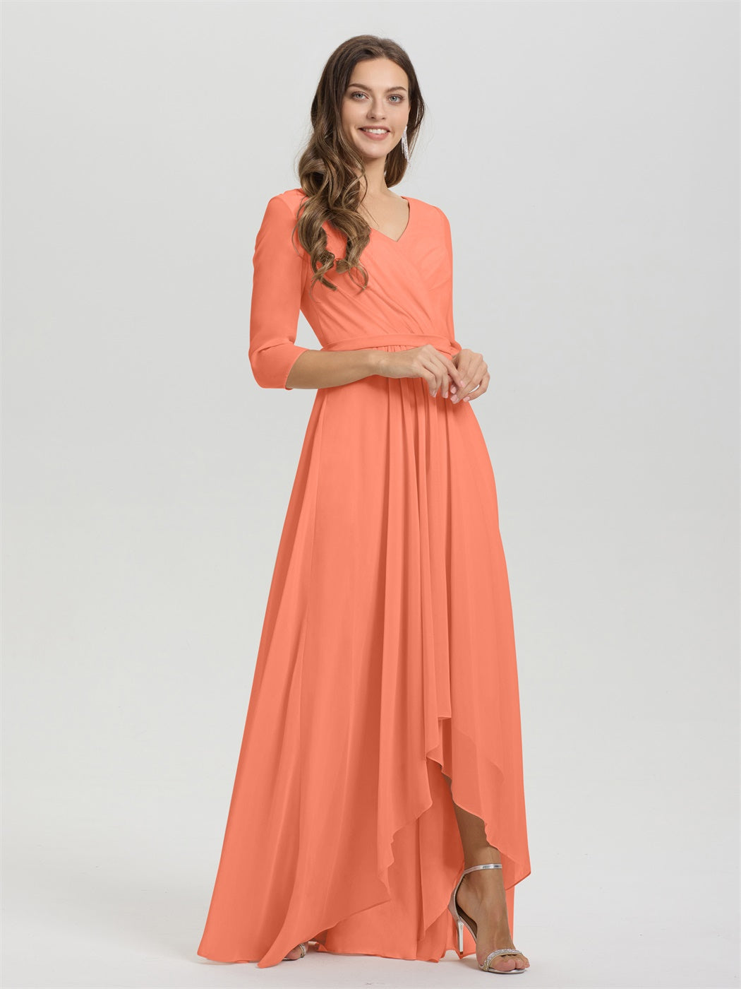 Fließende 3/4 Ärmel V-Ausschnitt Asymmetrisch Hoch Niedrig Chiffon Brautjungfernkleid