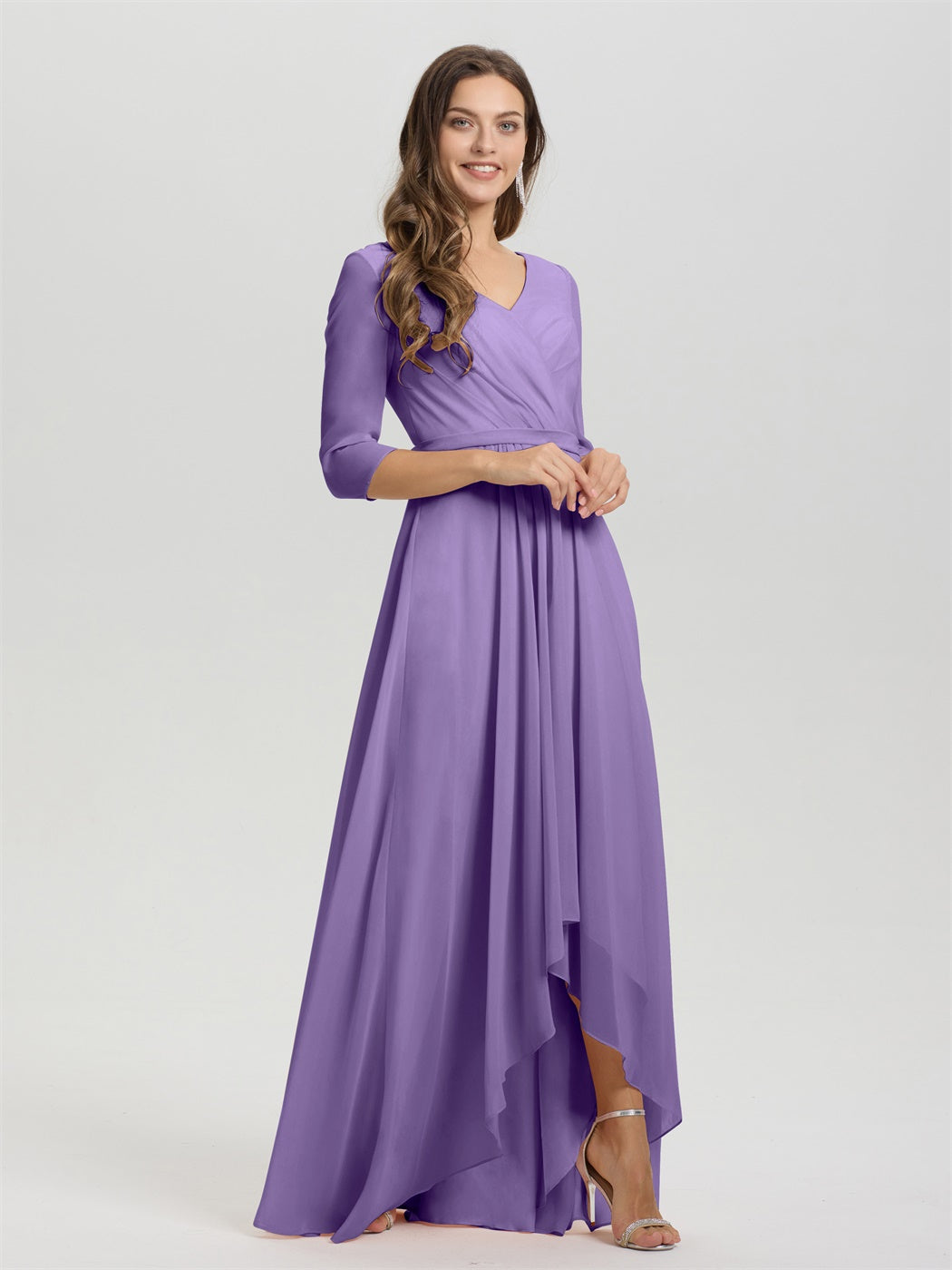 Fließende 3/4 Ärmel V-Ausschnitt Asymmetrisch Hoch Niedrig Chiffon Brautjungfernkleid