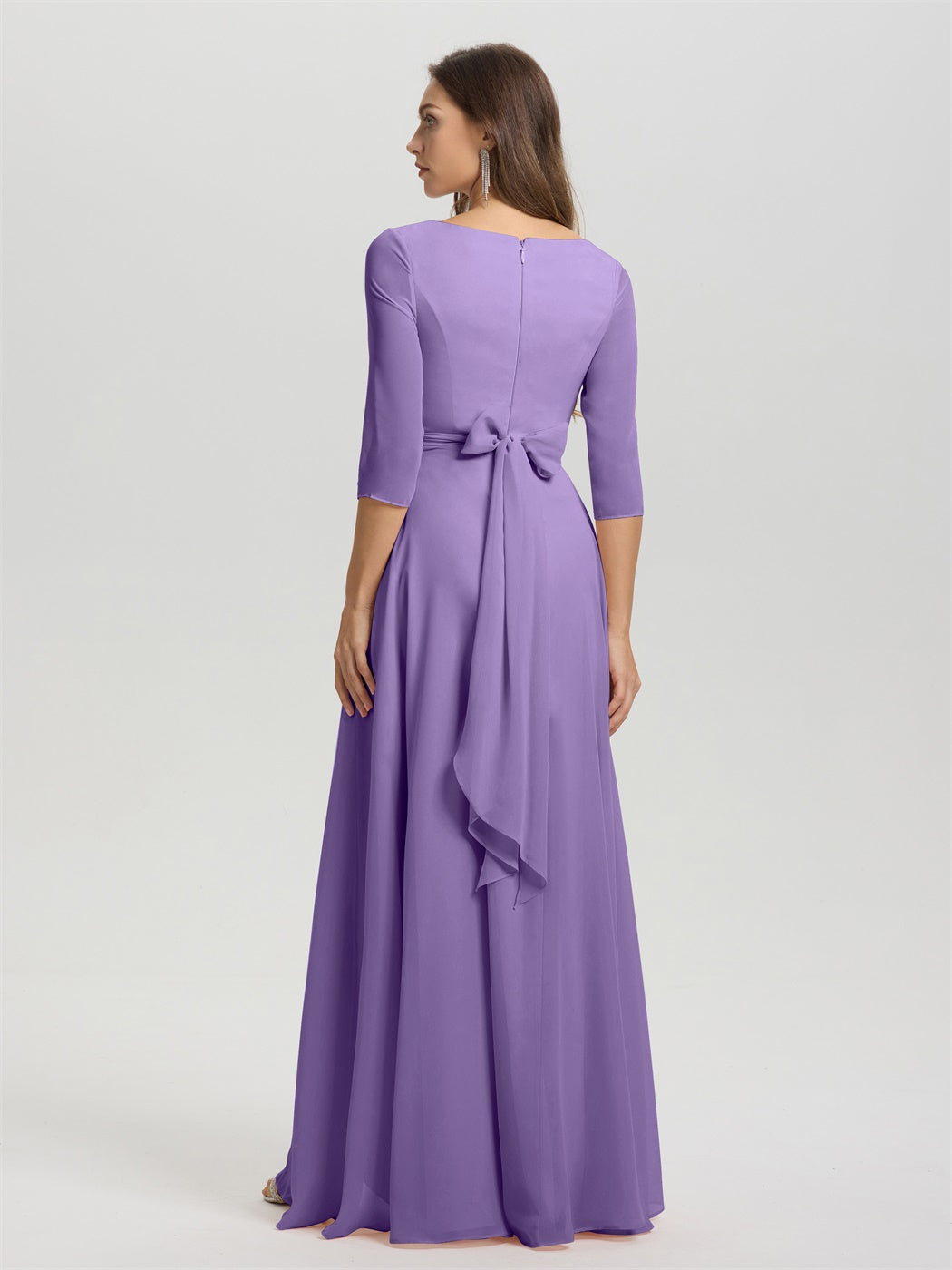 Fließende 3/4 Ärmel V-Ausschnitt Asymmetrisch Hoch Niedrig Chiffon Brautjungfernkleid
