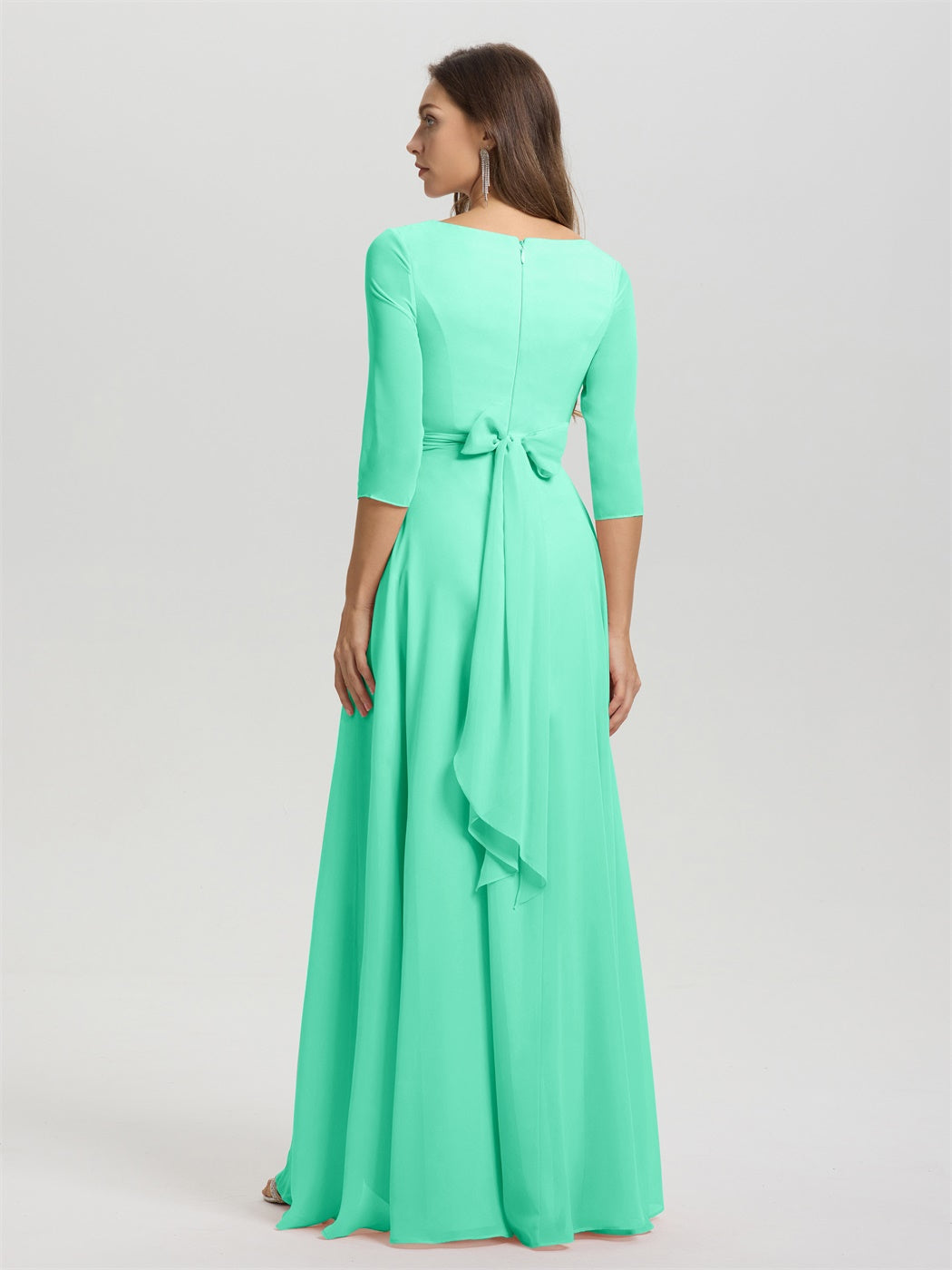 Fließende 3/4 Ärmel V-Ausschnitt Asymmetrisch Hoch Niedrig Chiffon Brautjungfernkleid