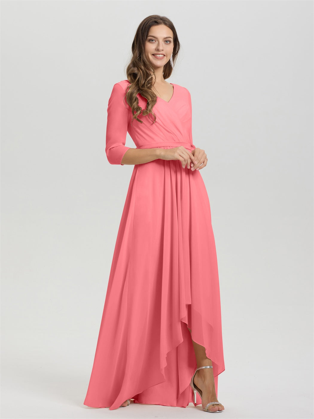Fließende 3/4 Ärmel V-Ausschnitt Asymmetrisch Hoch Niedrig Chiffon Brautjungfernkleid