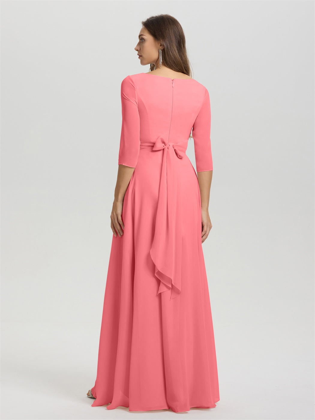 Fließende 3/4 Ärmel V-Ausschnitt Asymmetrisch Hoch Niedrig Chiffon Brautjungfernkleid
