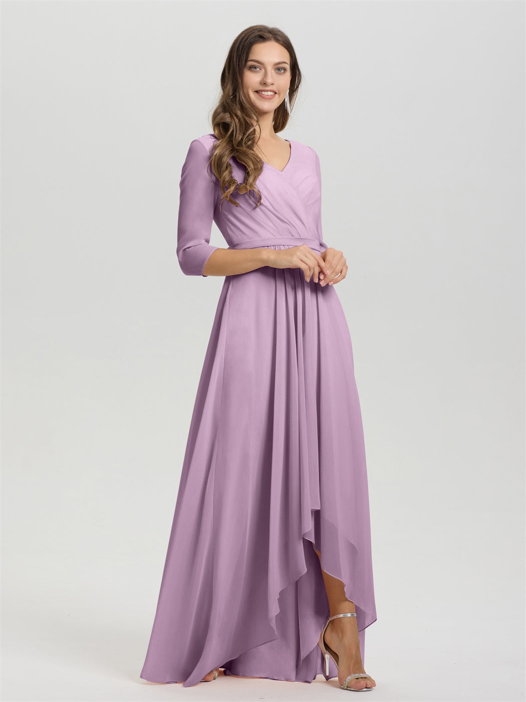 Fließende 3/4 Ärmel V-Ausschnitt Asymmetrisch Hoch Niedrig Chiffon Brautjungfernkleid