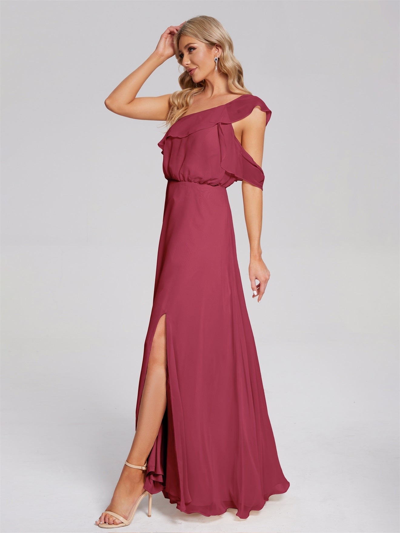 Paislee One-Shoulder-Träger Chiffon Brautjungfernkleider Mit Rüschen