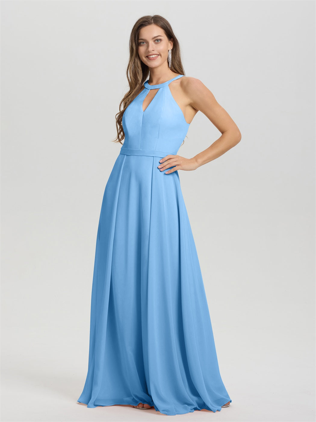 A-Linie Hater Key Hole Ärmelloses Bodenlanges Chiffon Brautjungfernkleid