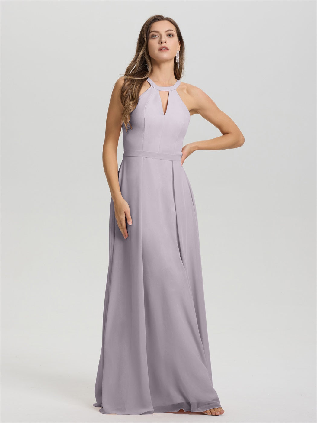 A-Linie Hater Key Hole Ärmelloses Bodenlanges Chiffon Brautjungfernkleid