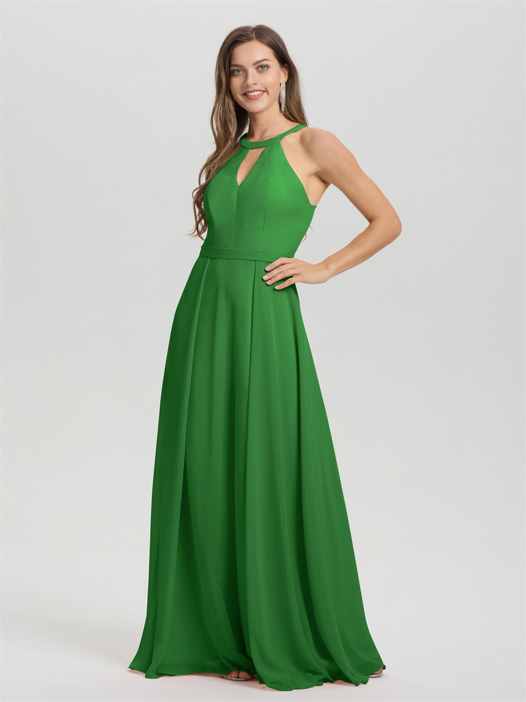 A-Linie Hater Key Hole Ärmelloses Bodenlanges Chiffon Brautjungfernkleid