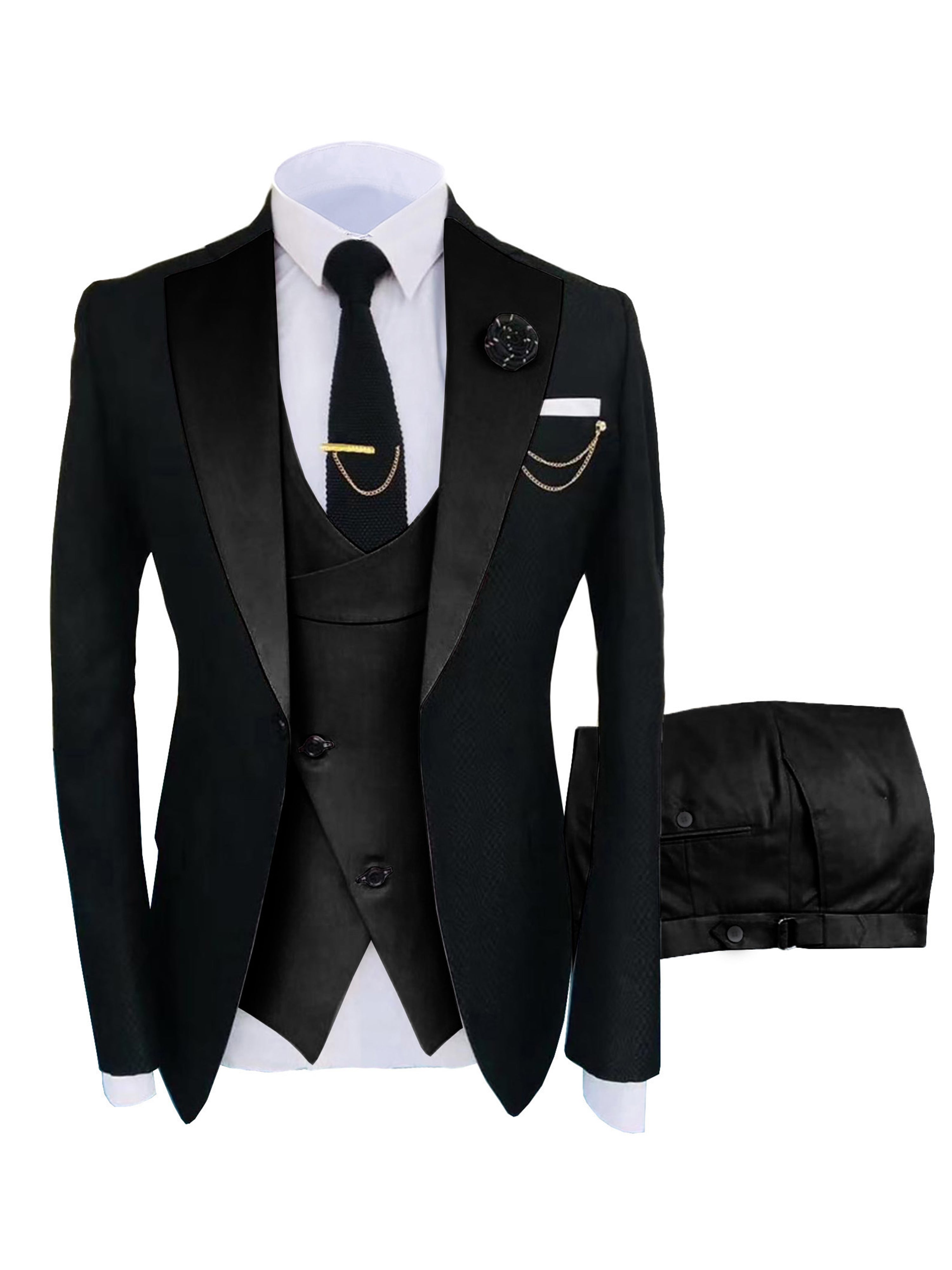 Herren Schlanker Fit 3 Stück Anzüge mit Revers Hochzeit Trauzeugenanzug