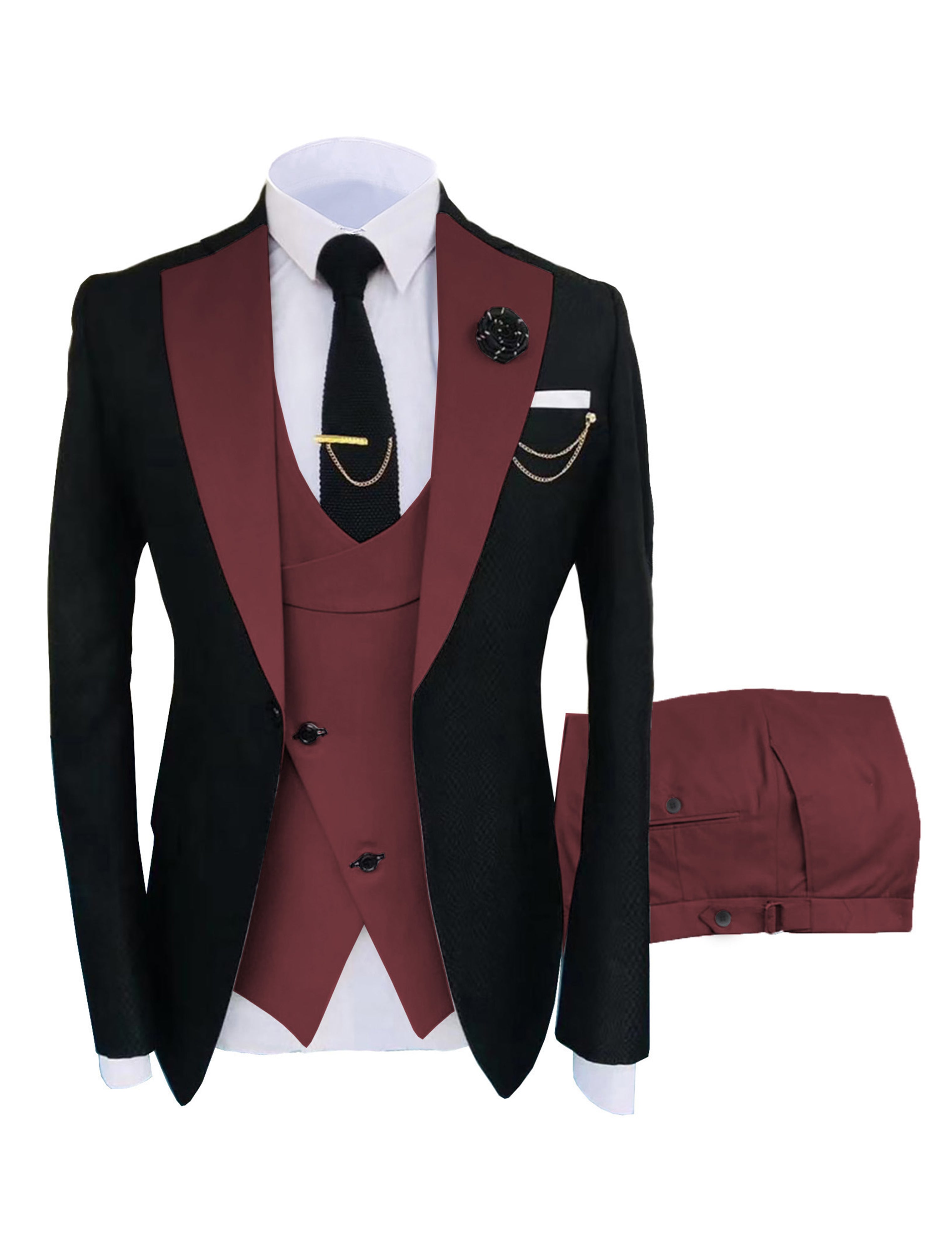 Herren Schlanker Fit 3 Stück Anzüge mit Revers Hochzeit Trauzeugenanzug