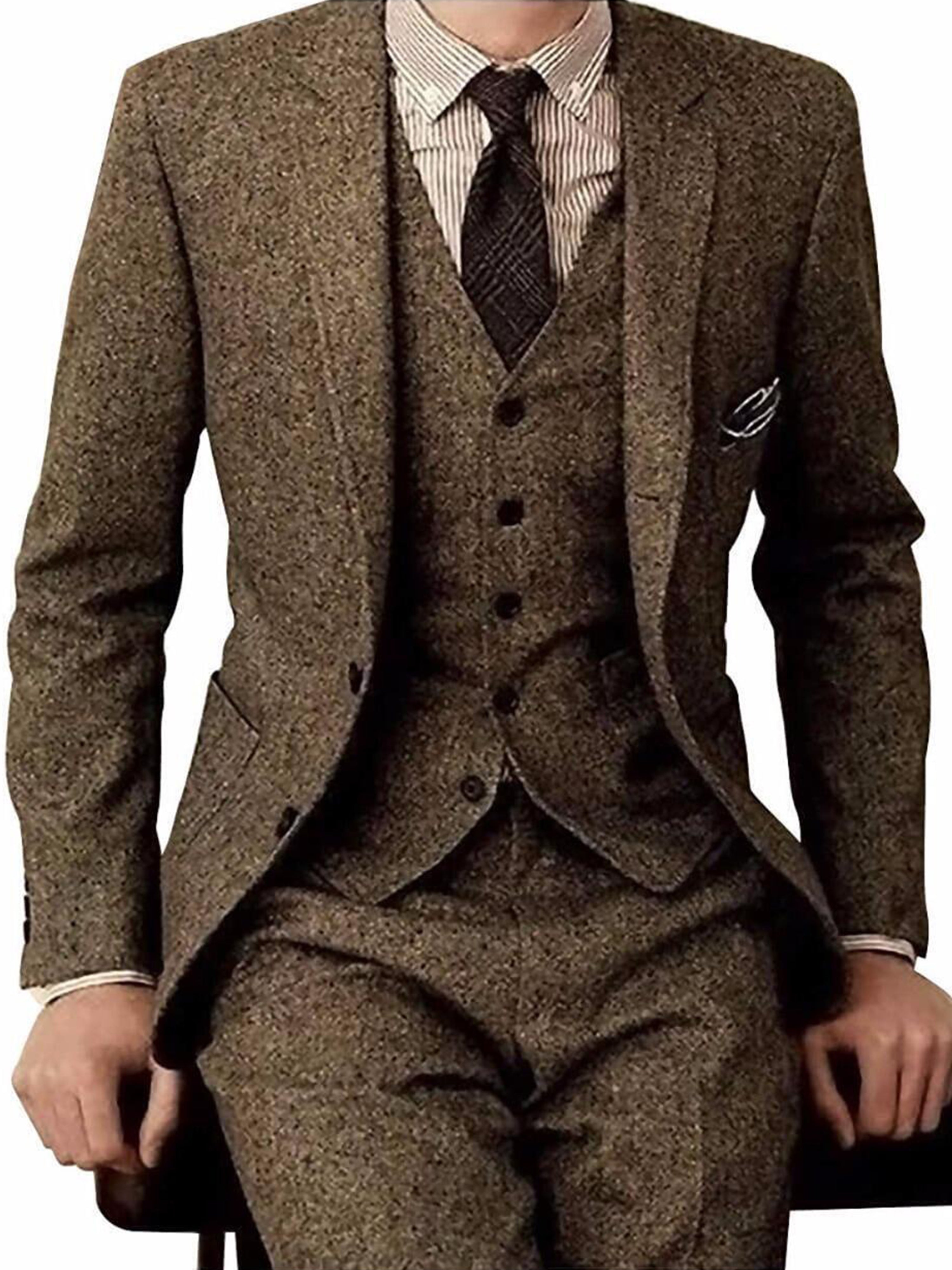 Herren Tweed Herringbone Slim Fit Tan Smokings Hochzeit Vintage 3 Stück Anzug