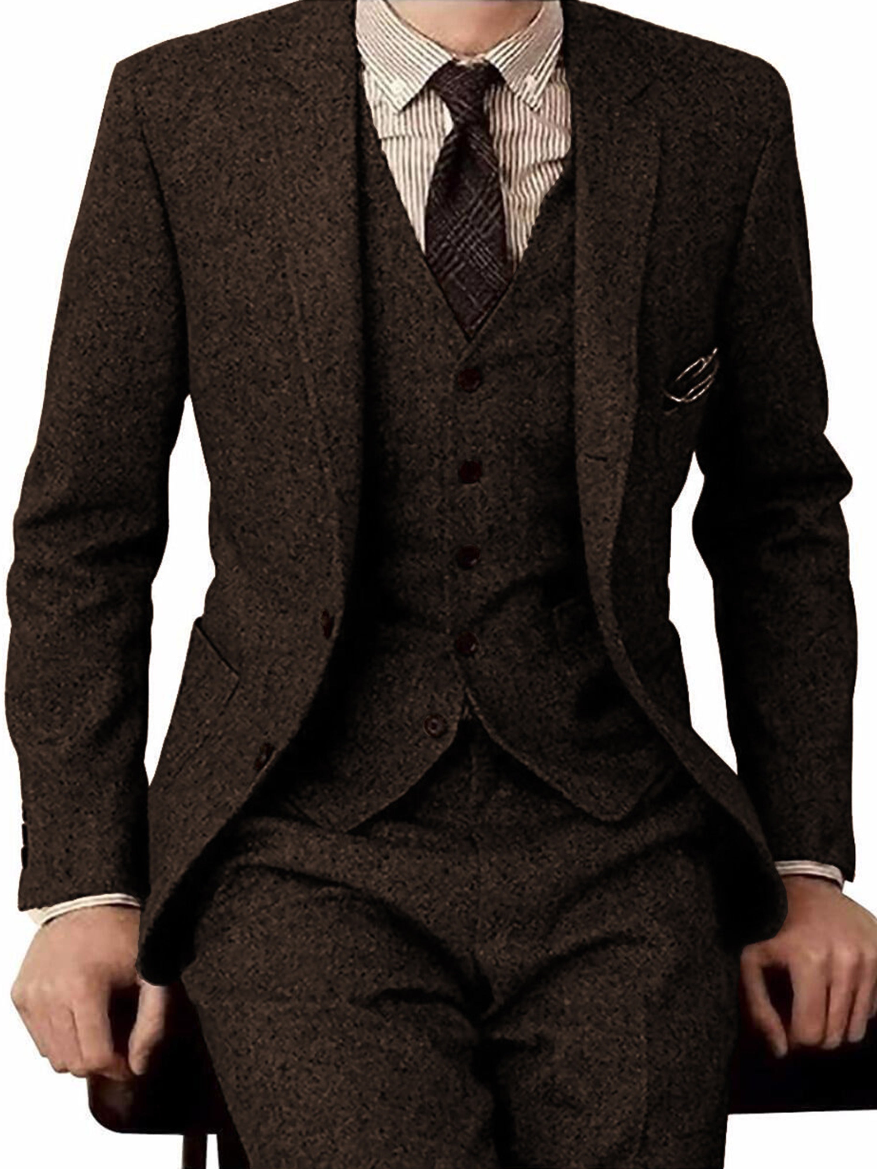 Herren Tweed Herringbone Slim Fit Tan Smokings Hochzeit Vintage 3 Stück Anzug