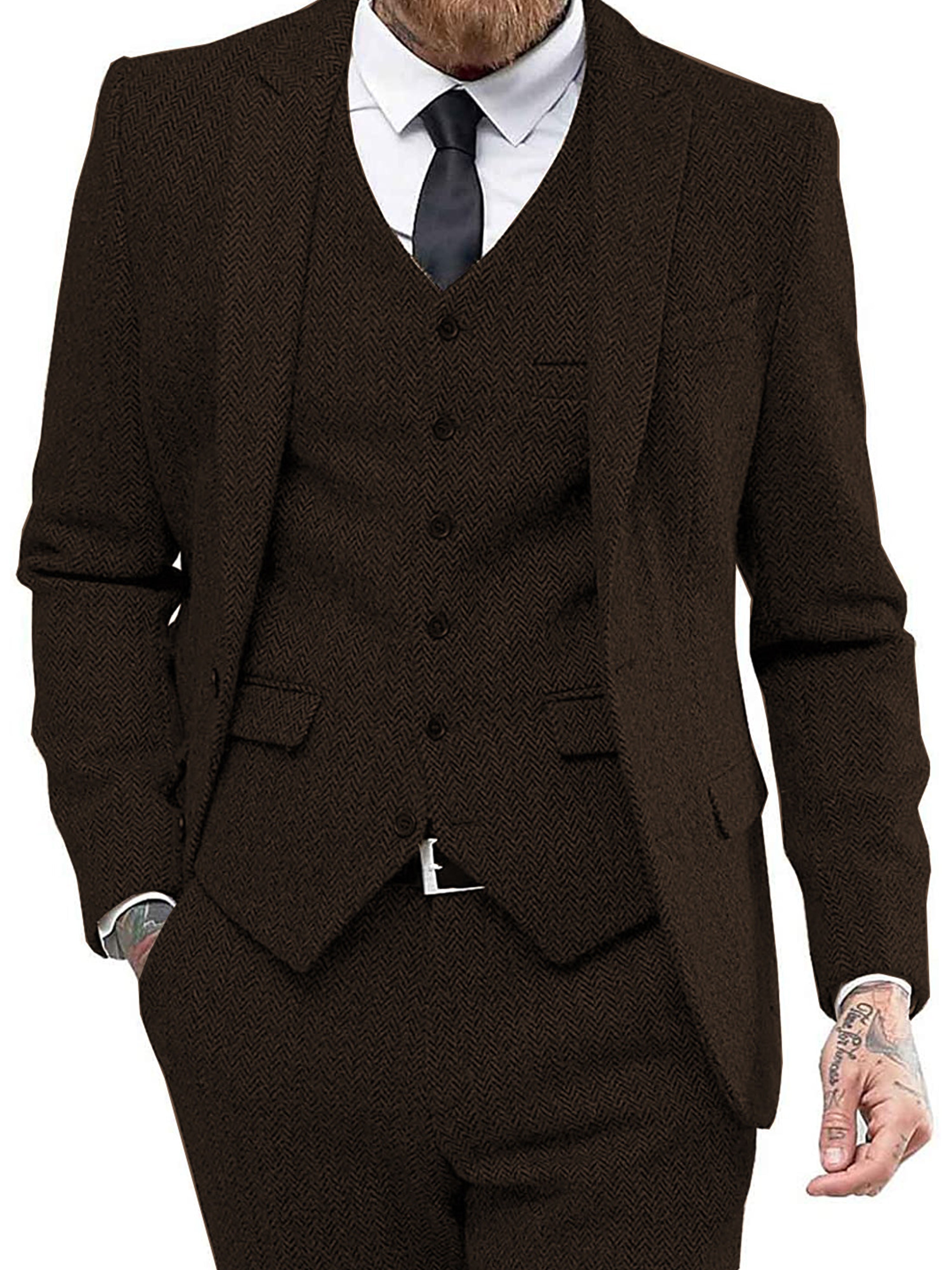Retro 3 Stück Herren Slim Fit Tweed Herringbone Bräutigam Smokings Prom Anzüge