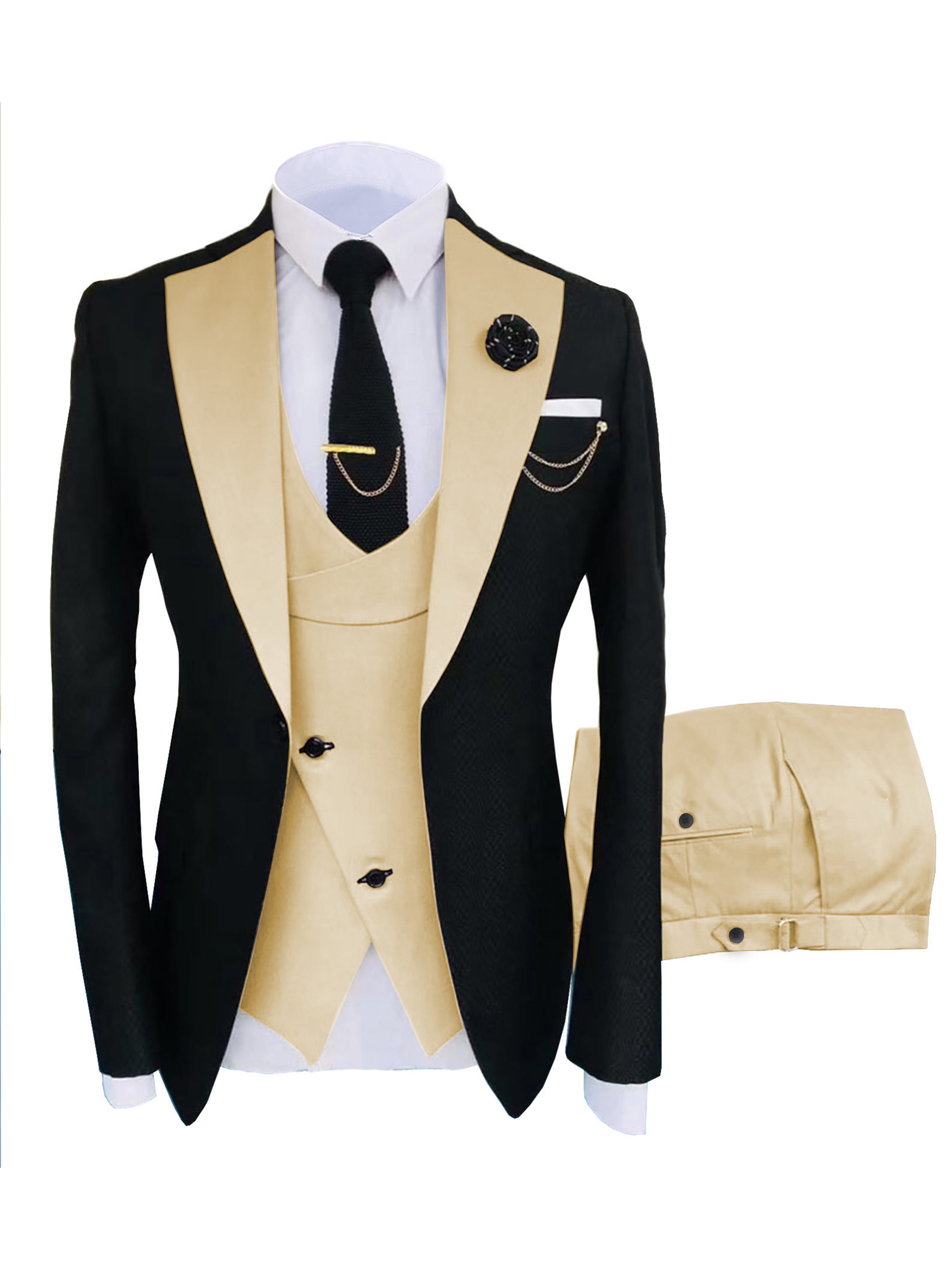 Herren Schlanker Fit 3 Stück Anzüge mit Revers Hochzeit Trauzeugenanzug