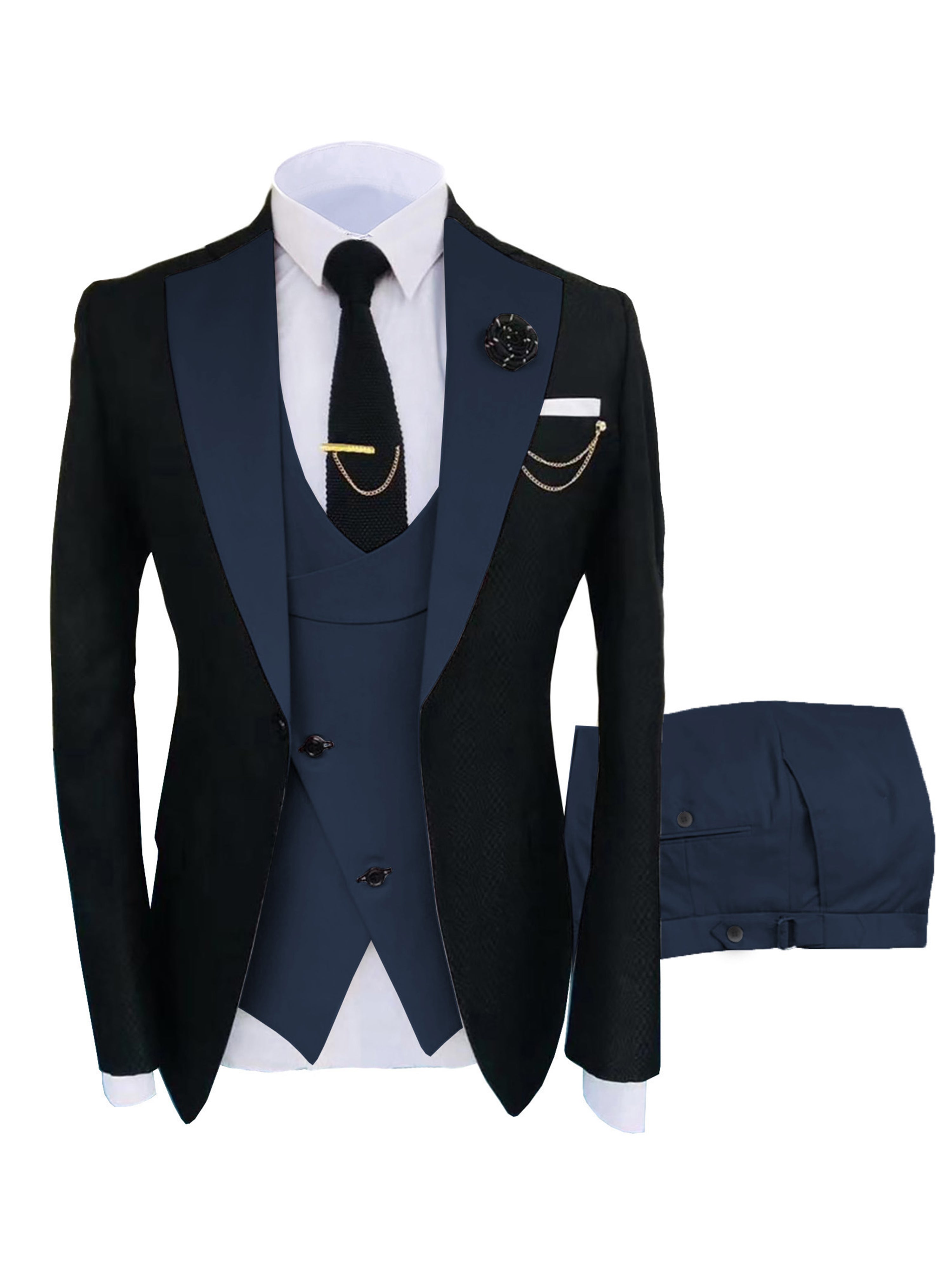 Herren Schlanker Fit 3 Stück Anzüge mit Revers Hochzeit Trauzeugenanzug