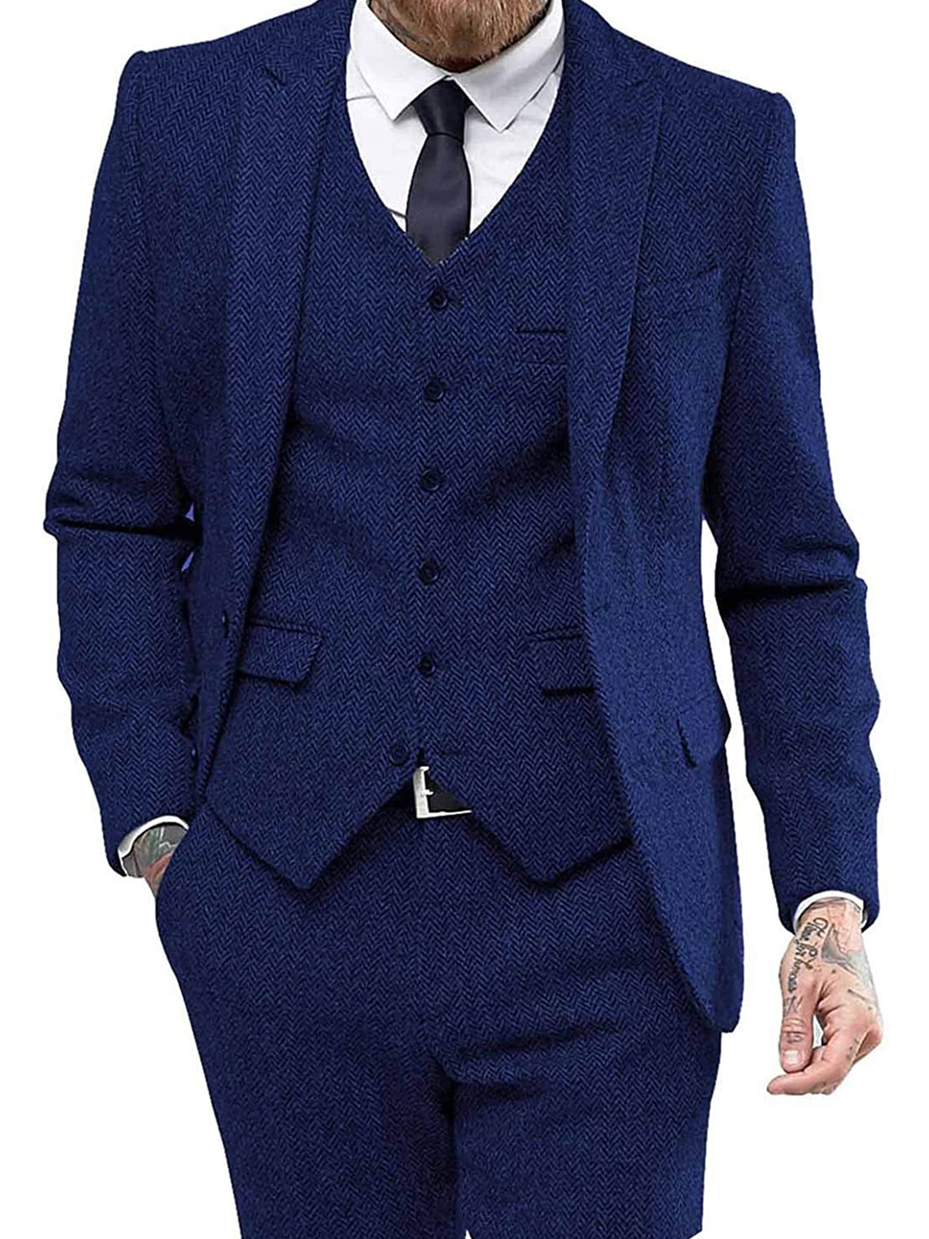 Retro 3 Stück Herren Slim Fit Tweed Herringbone Bräutigam Smokings Prom Anzüge