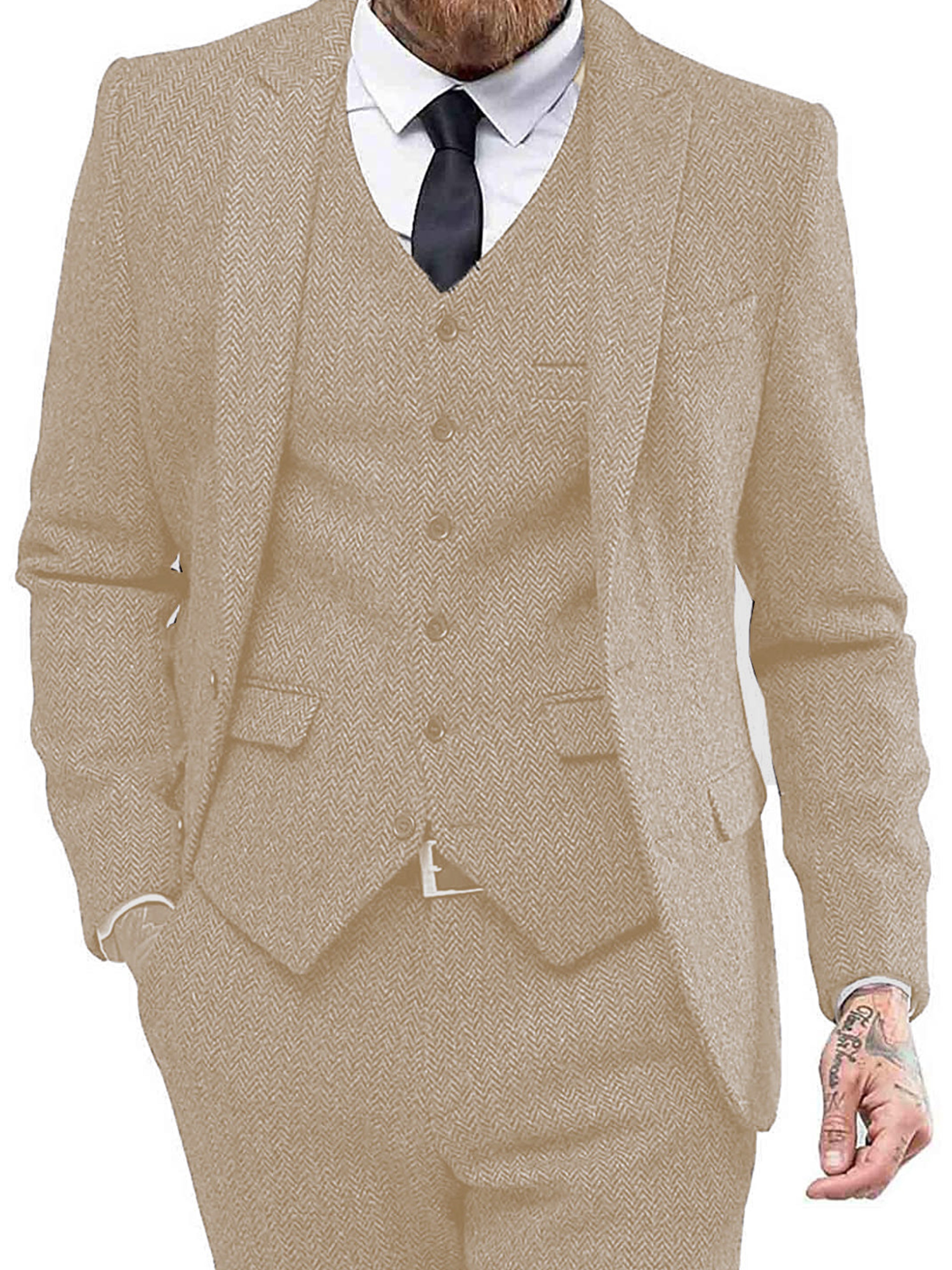 Retro 3 Stück Herren Slim Fit Tweed Herringbone Bräutigam Smokings Prom Anzüge