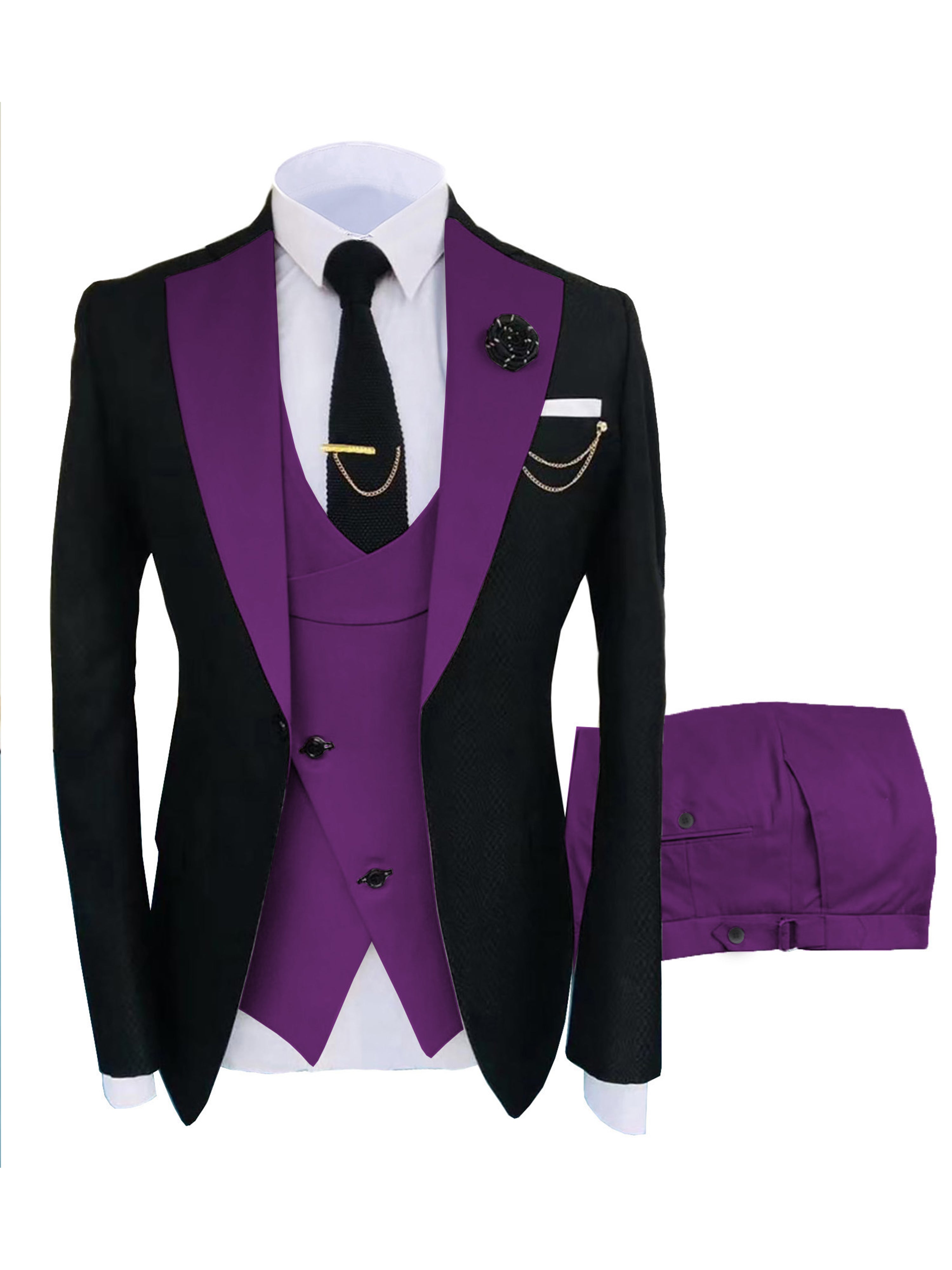 Herren Schlanker Fit 3 Stück Anzüge mit Revers Hochzeit Trauzeugenanzug