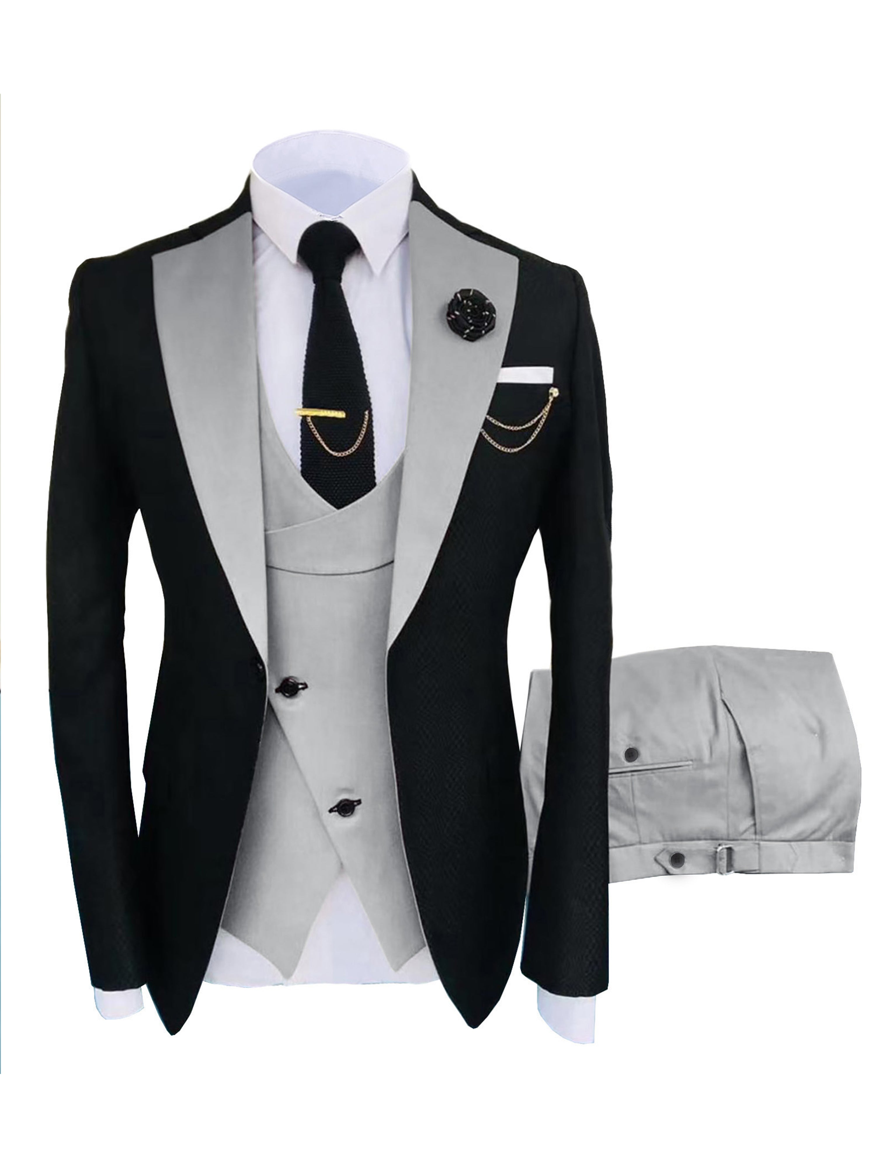 Herren Schlanker Fit 3 Stück Anzüge mit Revers Hochzeit Trauzeugenanzug