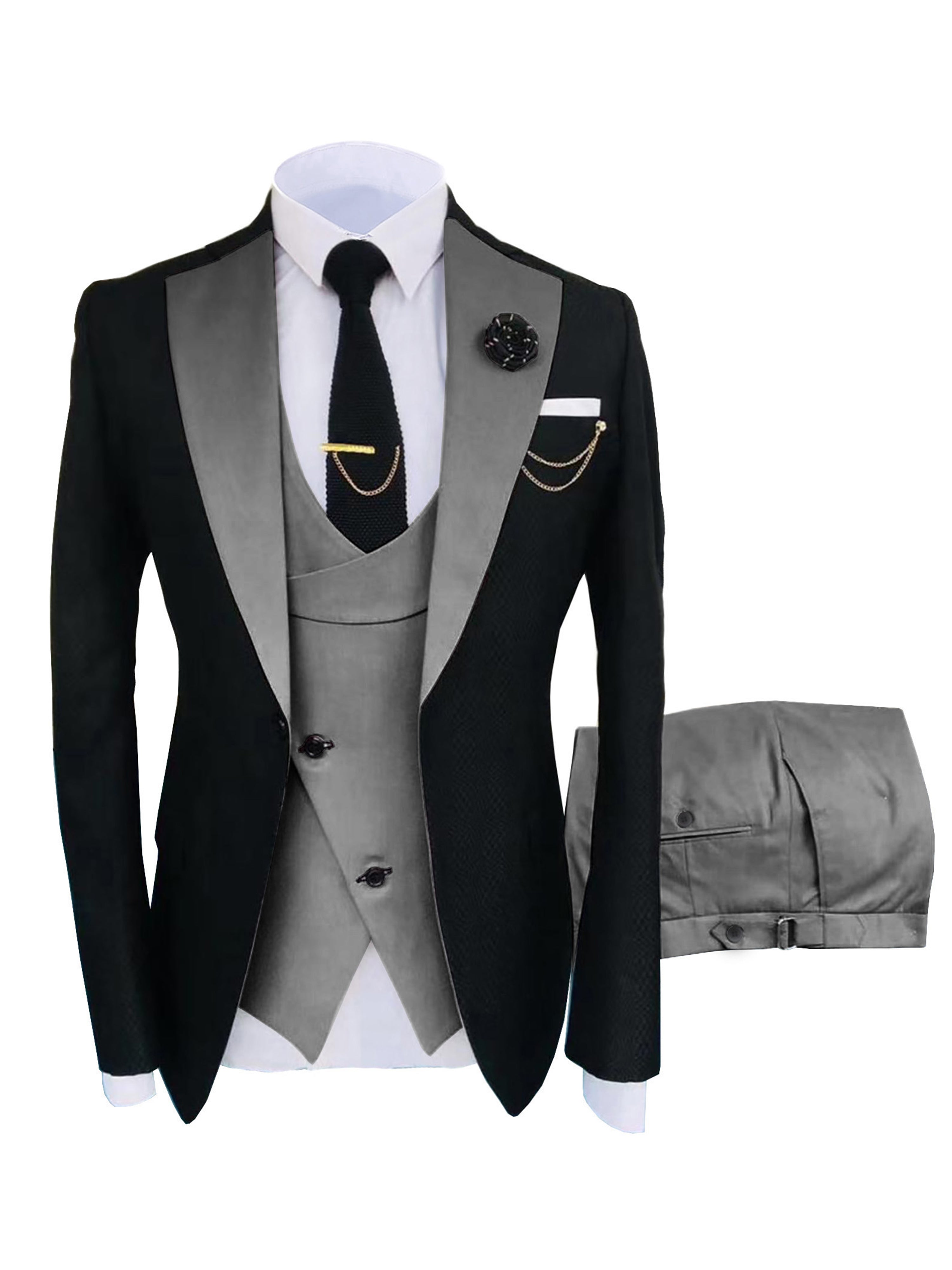 Herren Schlanker Fit 3 Stück Anzüge mit Revers Hochzeit Trauzeugenanzug