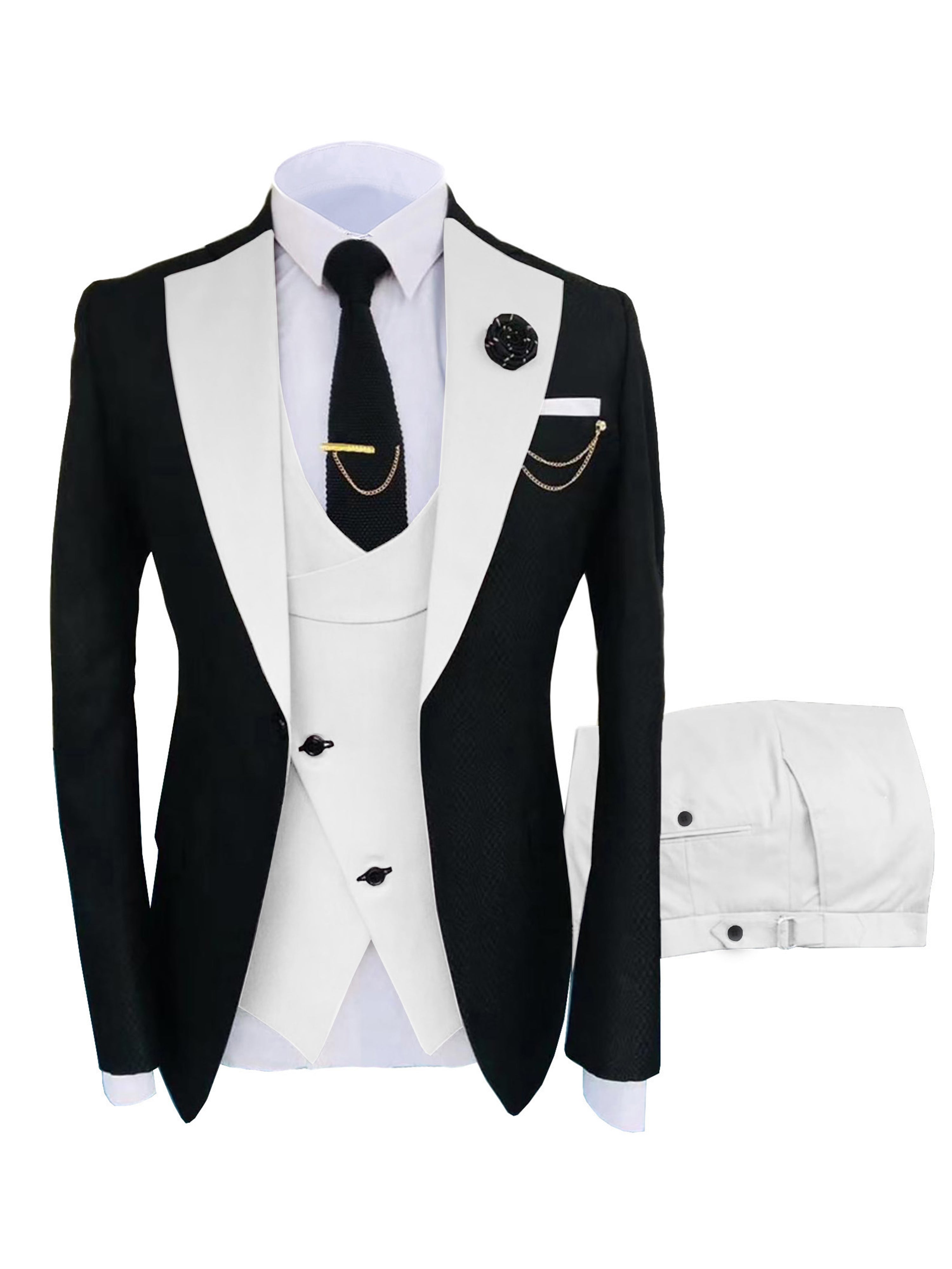 Herren Schlanker Fit 3 Stück Anzüge mit Revers Hochzeit Trauzeugenanzug