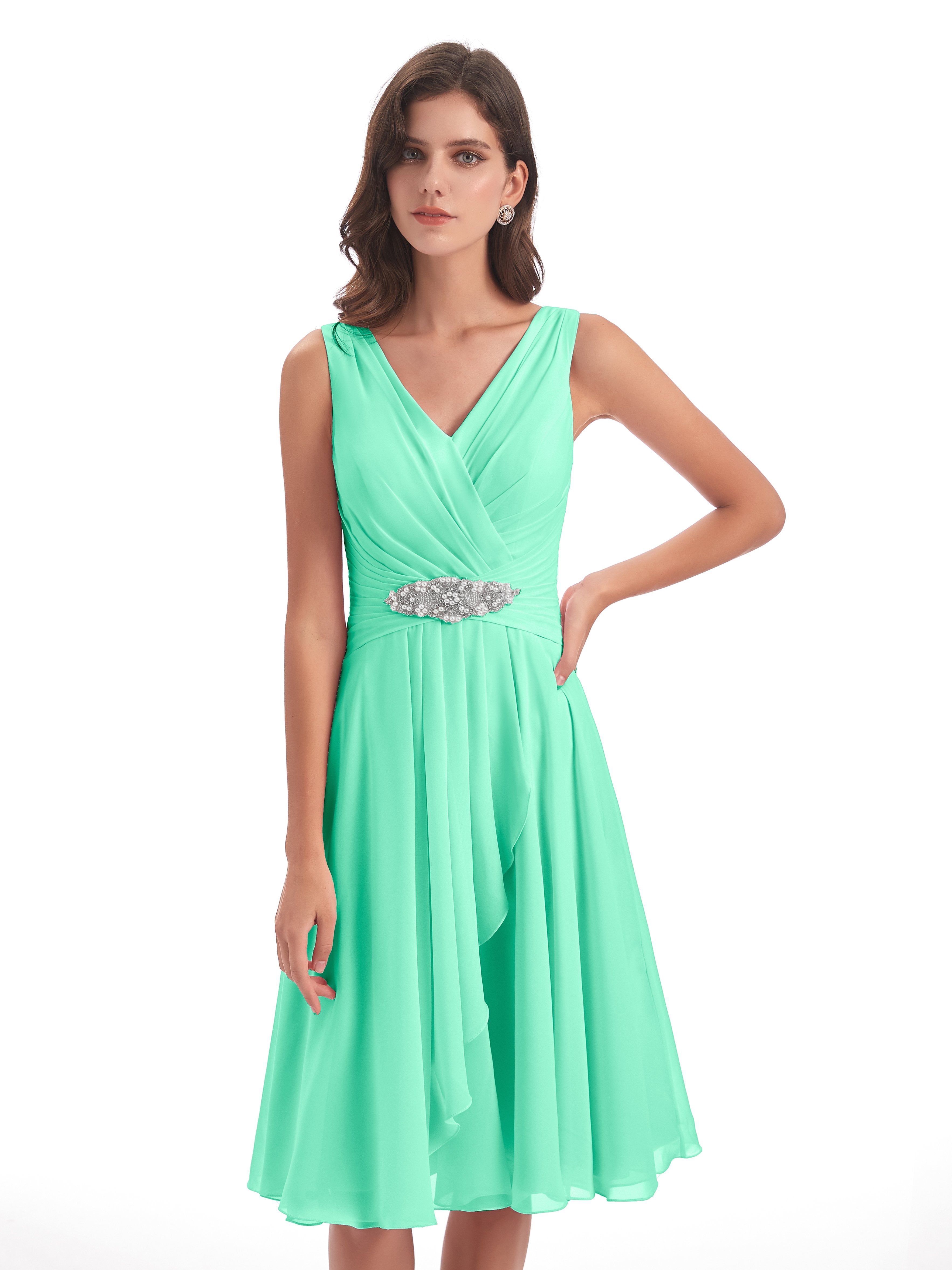 Caylee A-Linie Knielange V-Ausschnitt Chiffon Kurze Brautjungfernkleider