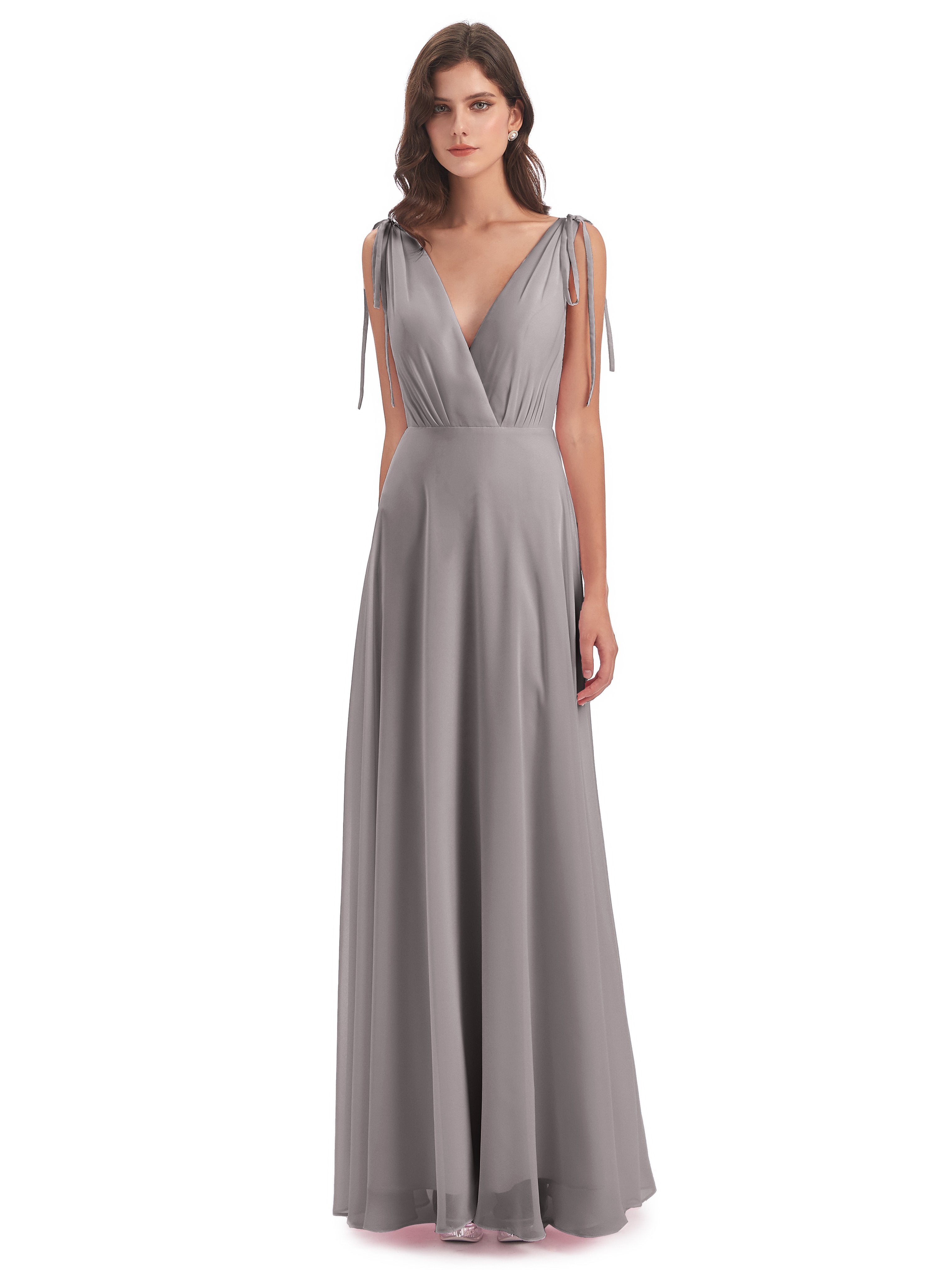 Reagan A-Linie Bodenlange Elegant V-Ausschnitt Chiffon Lange Brautjungfernkleider
