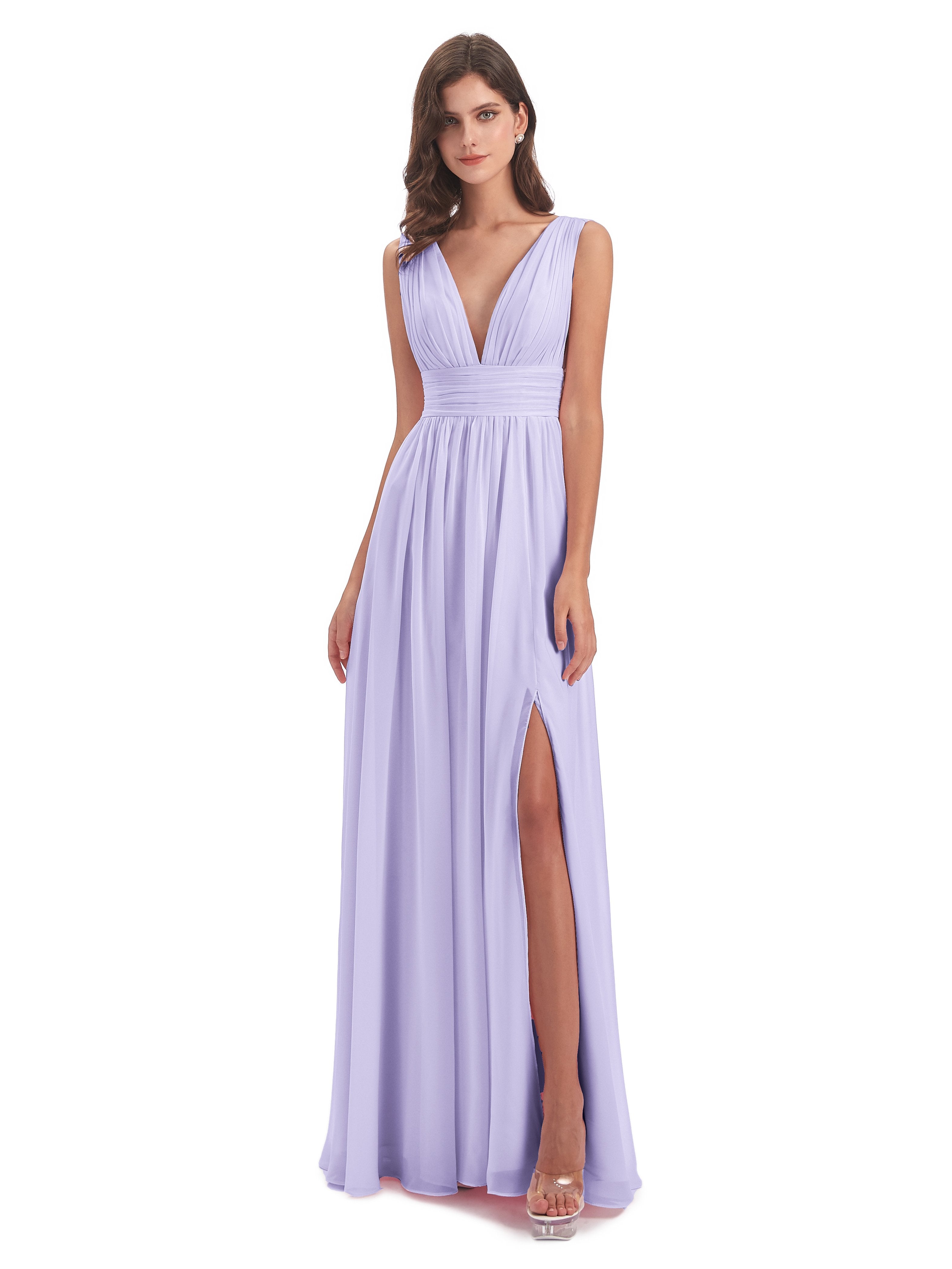 Emma A-Linie Bodenlange V-Ausschnitt geschlitzte Lange Chiffon Brautjungfernkleider