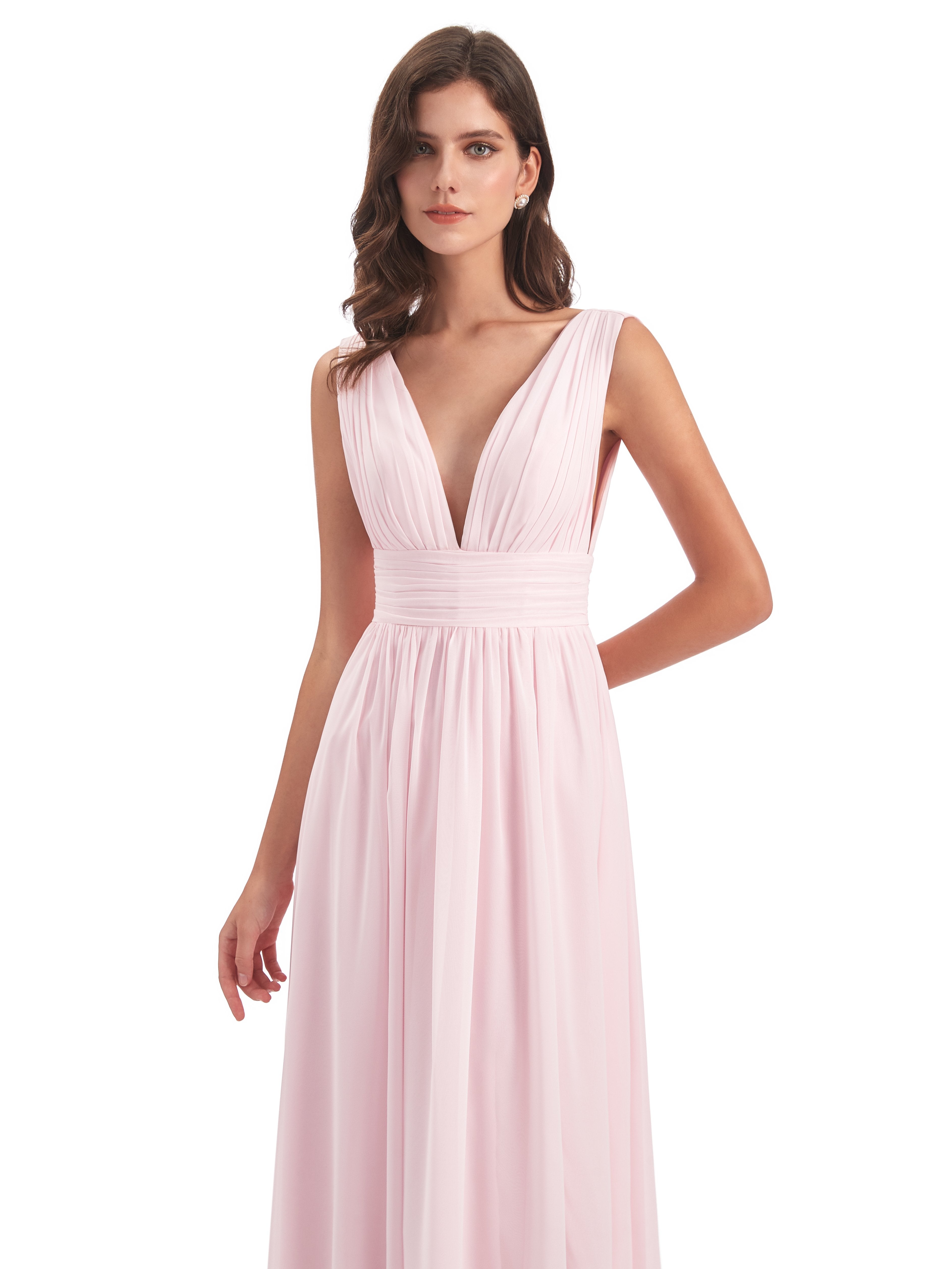 Emma A-Linie Bodenlange V-Ausschnitt geschlitzte Lange Chiffon Brautjungfernkleider