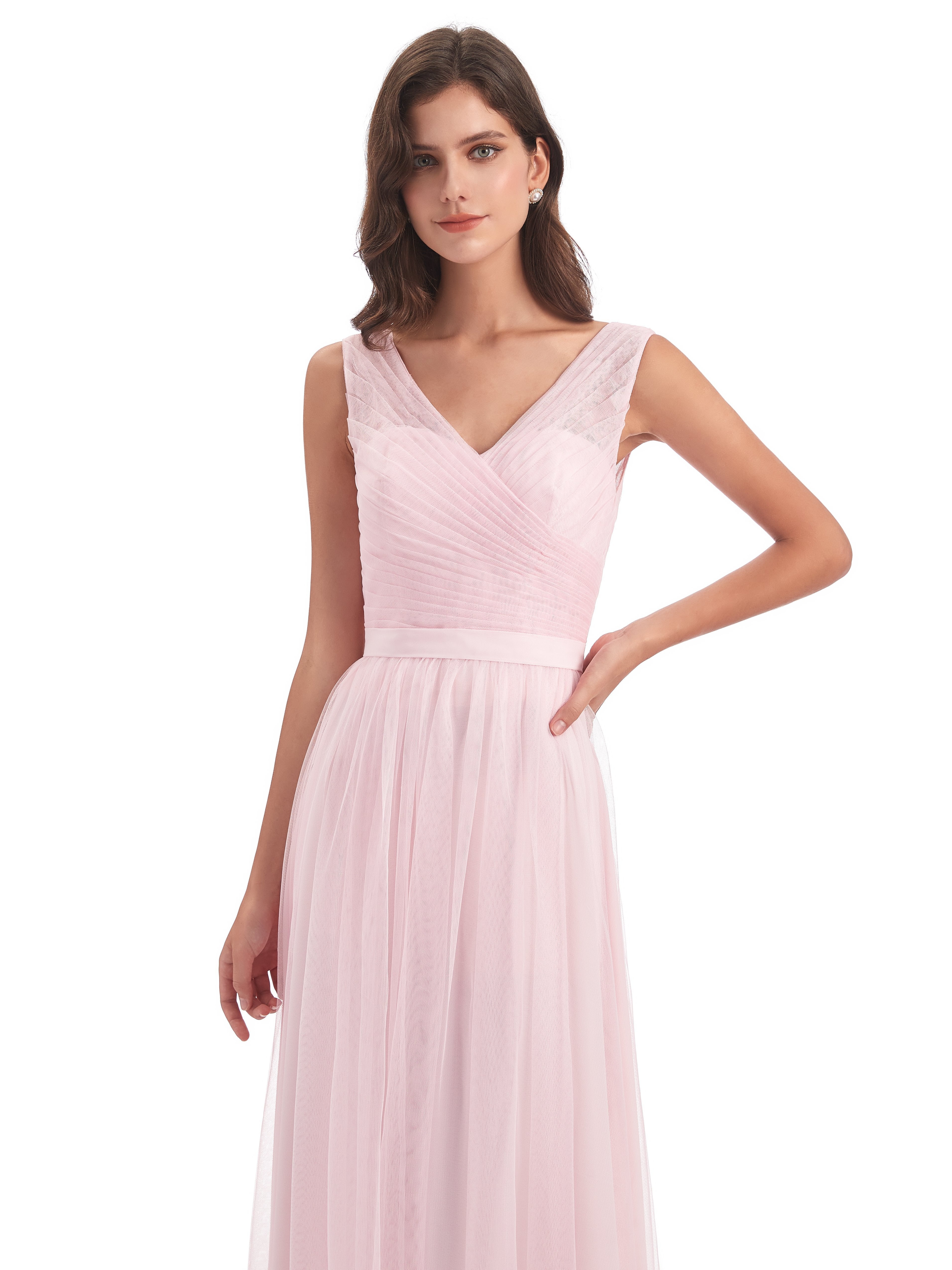 Mila A-Linie Bodenlange V-Ausschnitt Tüll Lange Brautjungfernkleider