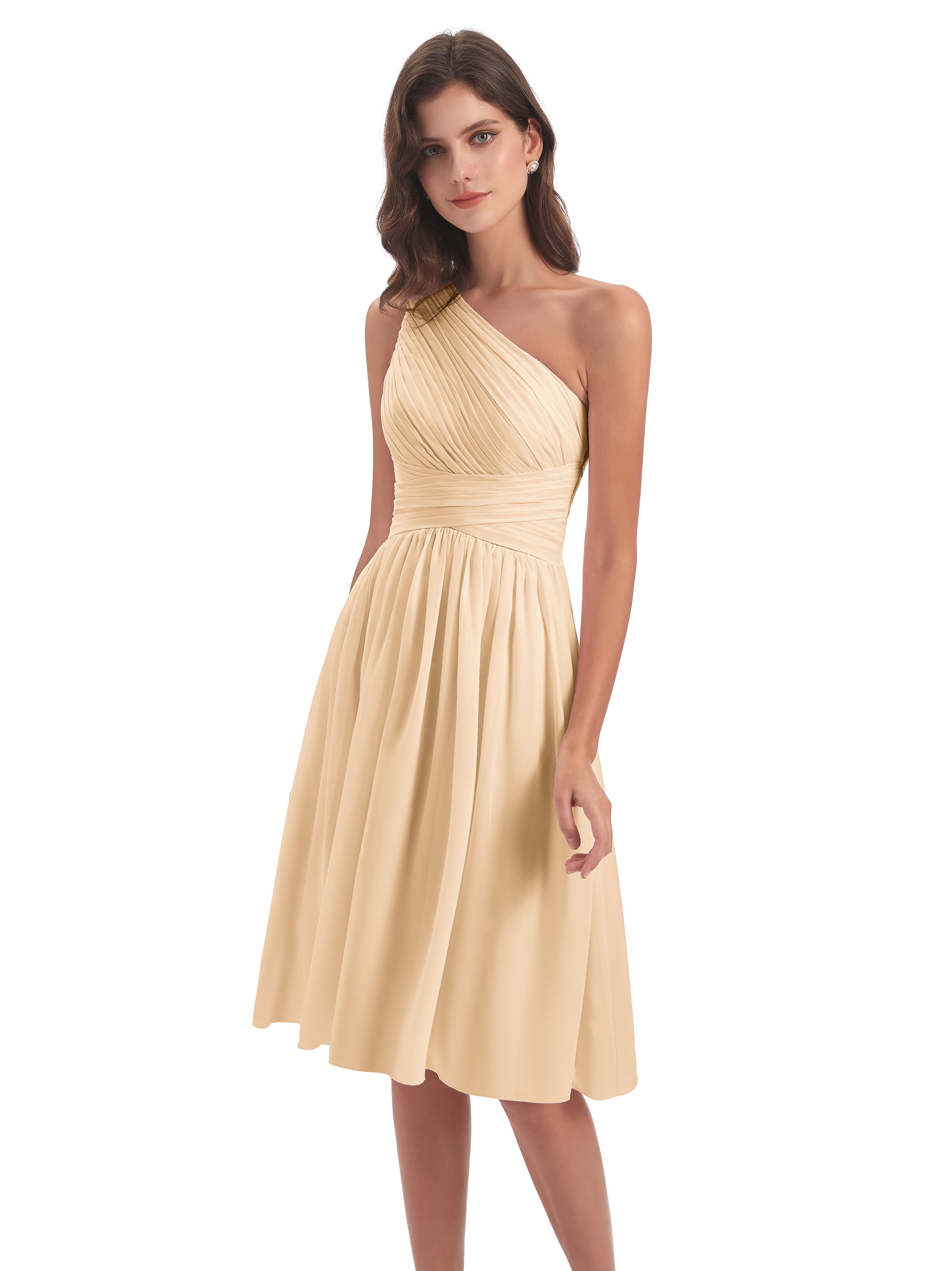Natalie A-Linie Knielange Einschulterige Chiffon Kurze Brautjungfernkleider