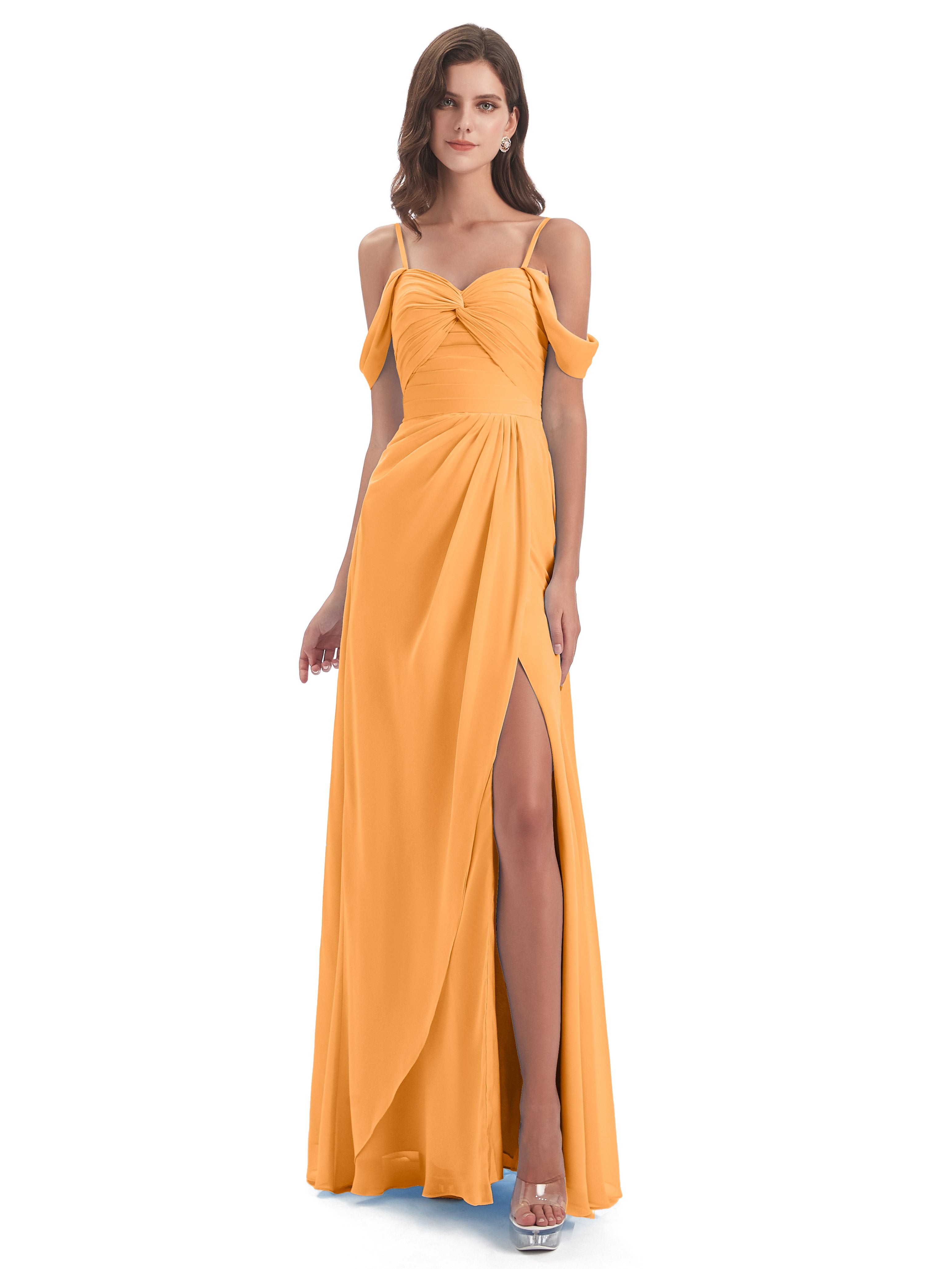 Olivia A-Linie Bodenlange Schulterfreie Spaghetti-Trägern geschlitzte Chiffon Lange Brautjungfernkleider