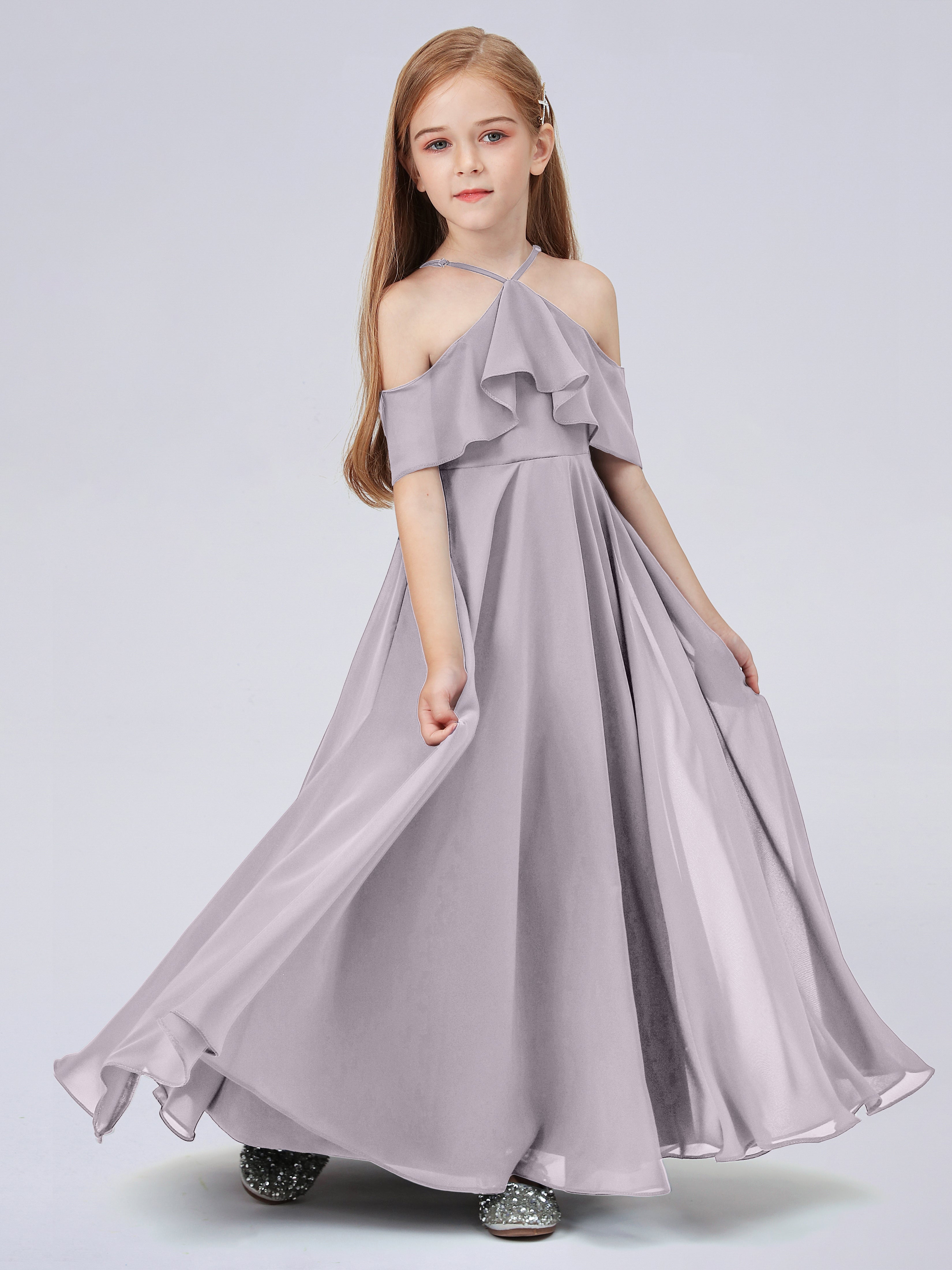 Schulterfreies Chiffon Kleid für Junge Brautjungfern mit Falten
