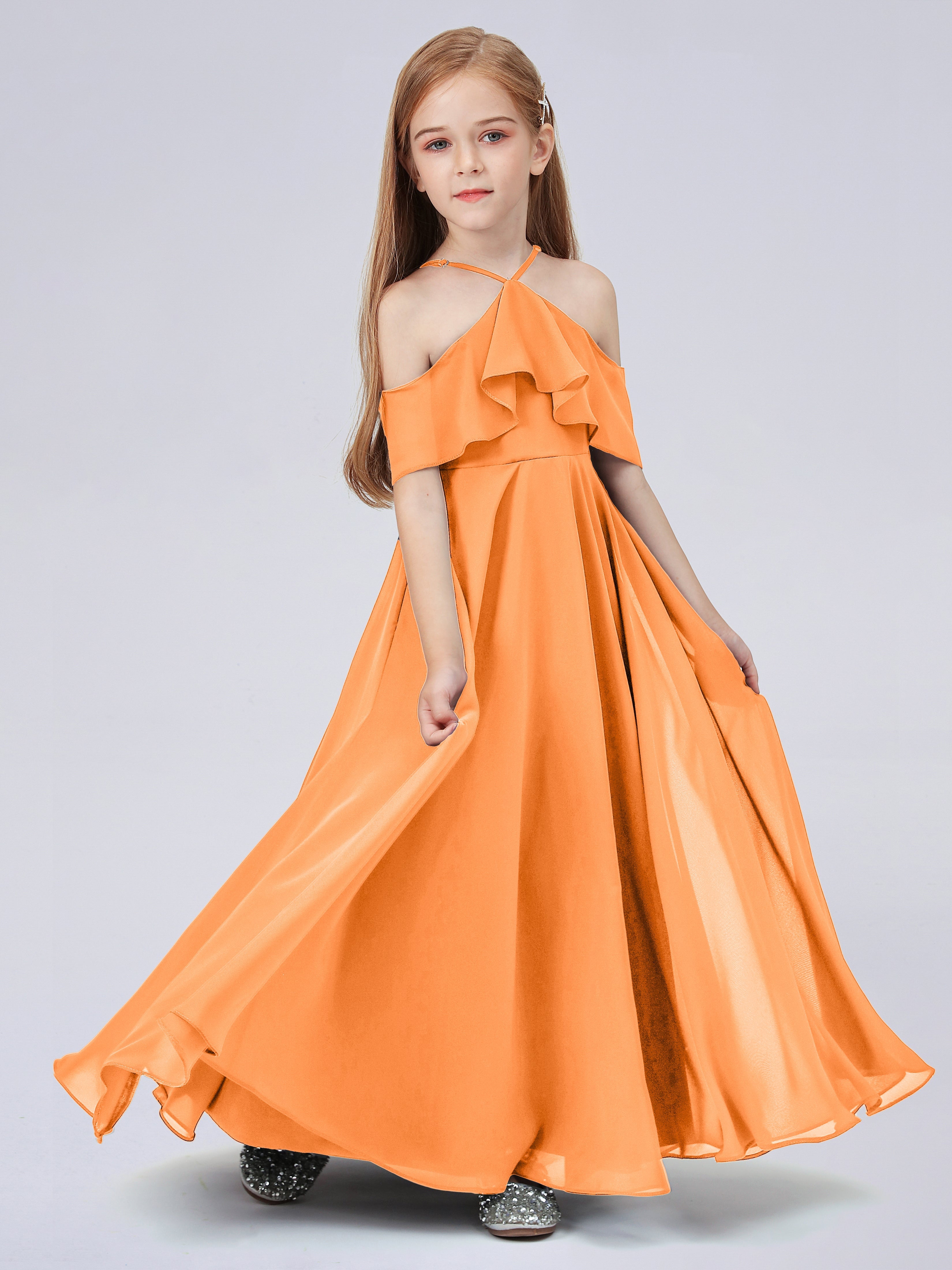 Schulterfreies Chiffon Kleid für Junge Brautjungfern mit Falten