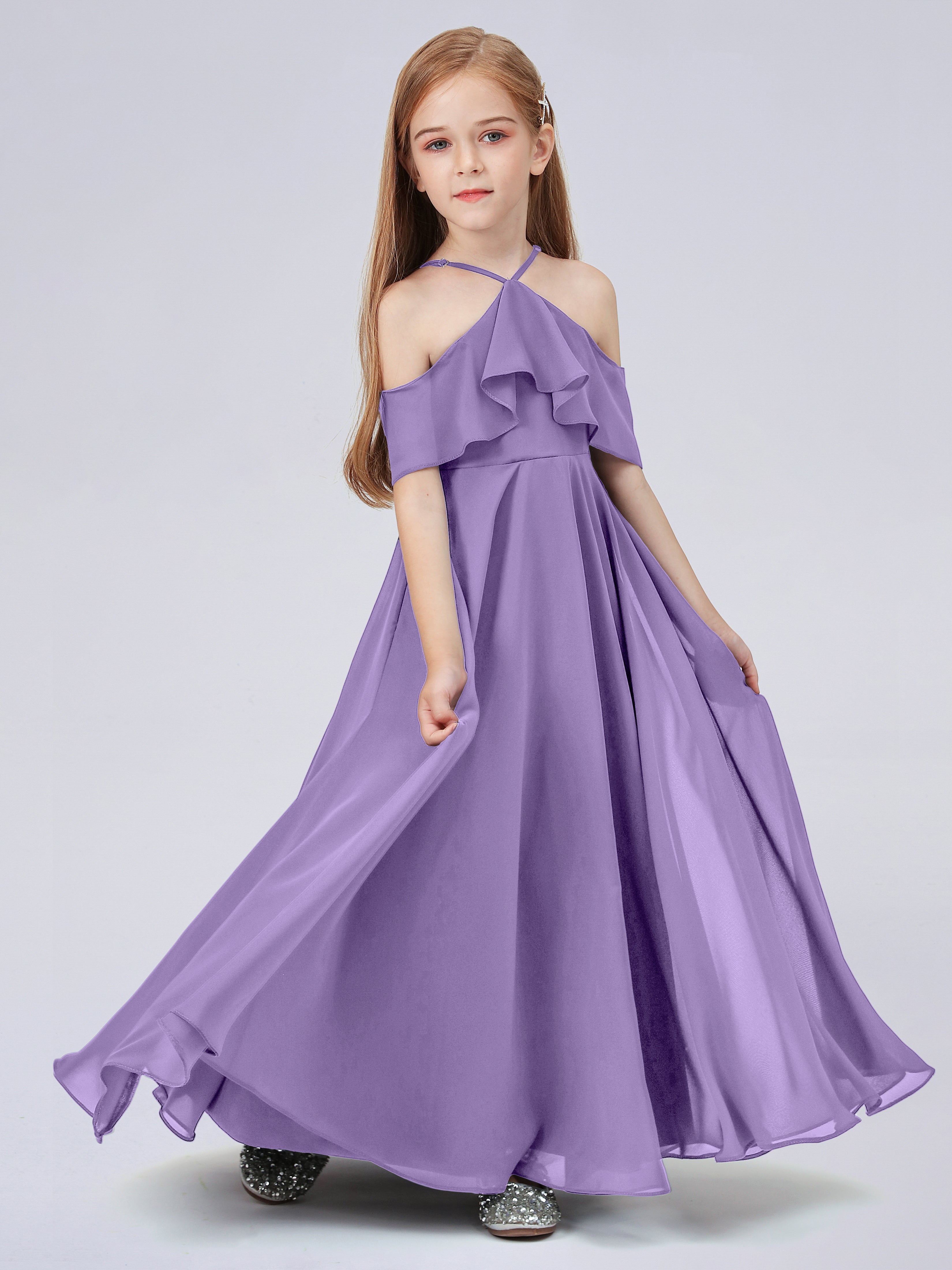 Schulterfreies Chiffon Kleid für Junge Brautjungfern mit Falten