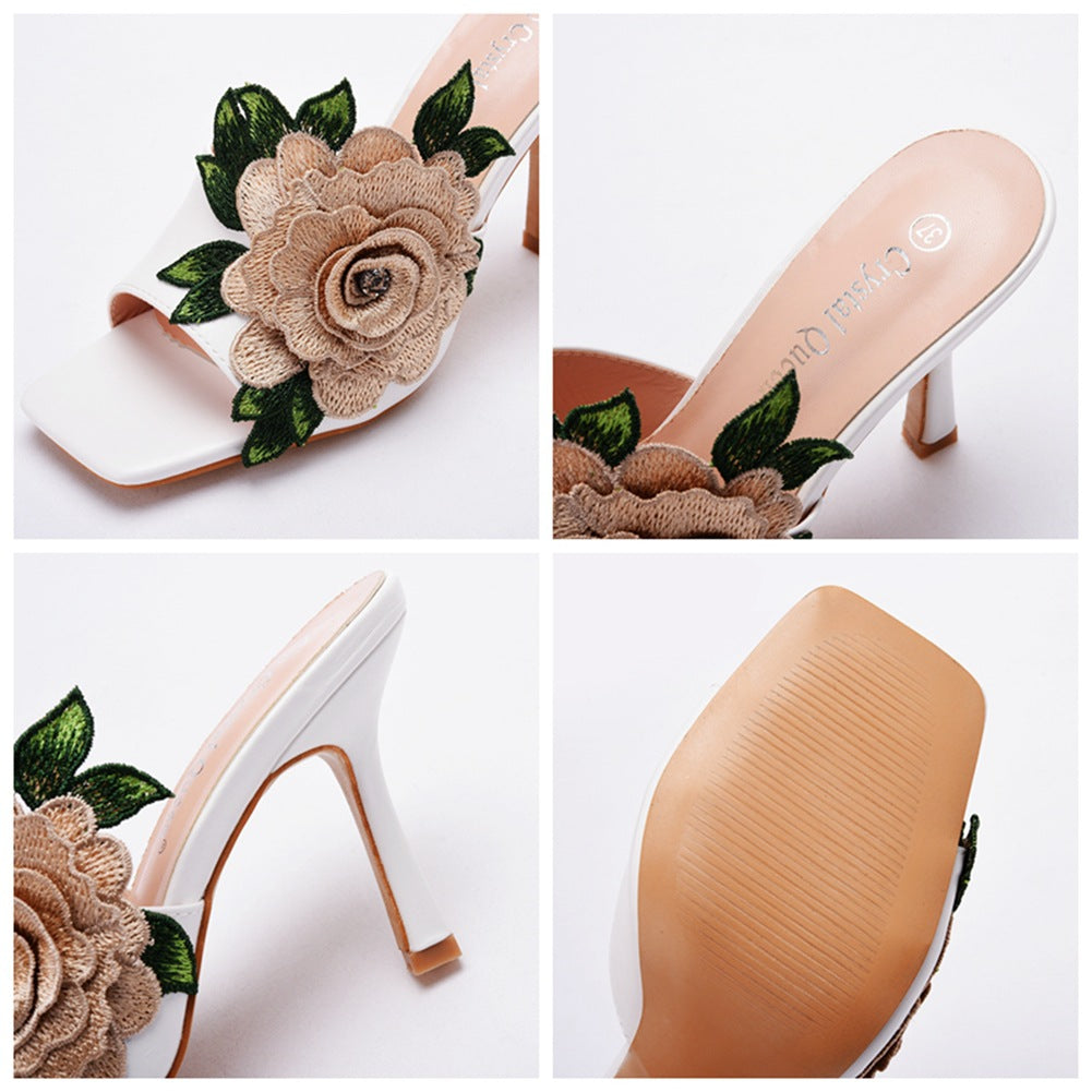 Embroidered Flower Square Toe Fish Mouth High Heeled Sandal Slippers