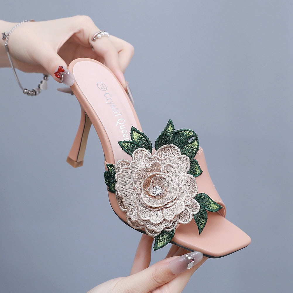 Embroidered Flower Square Toe Fish Mouth High Heeled Sandal Slippers