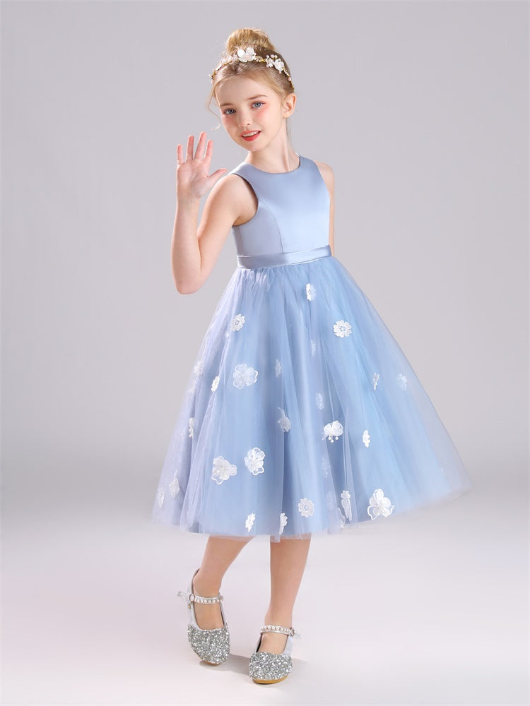 Applikationen A-Linie Juwel Tüll Tee-Länge Bowknot Satin Blumenmädchen Kleid