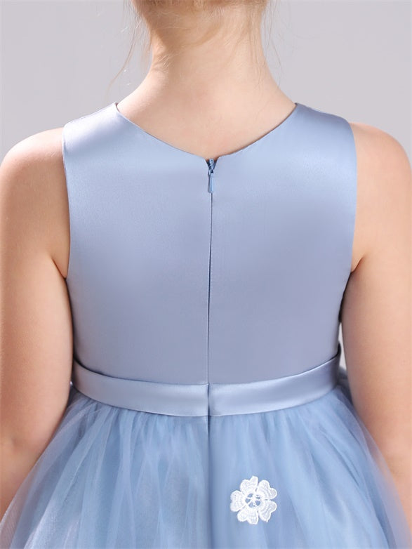 Applikationen A-Linie Juwel Tüll Tee-Länge Bowknot Satin Blumenmädchen Kleid