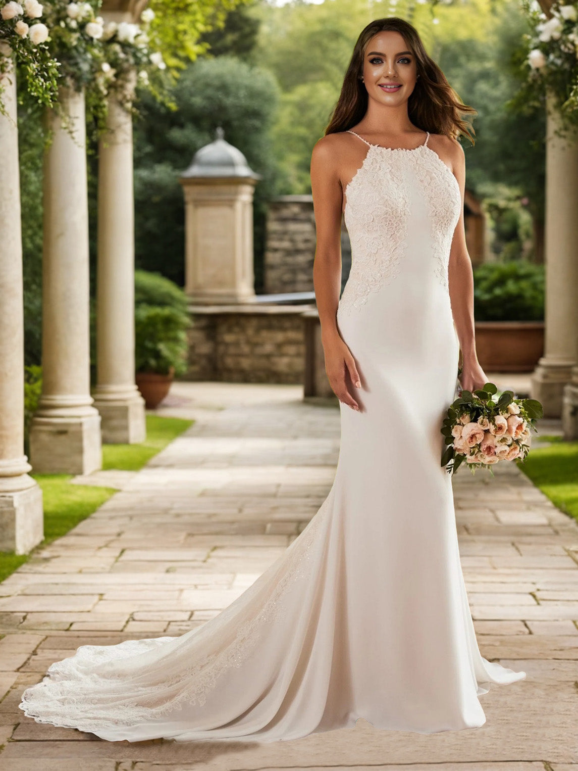 Neckholder Spitzen ärmellose Sweep Zug Brautkleid
