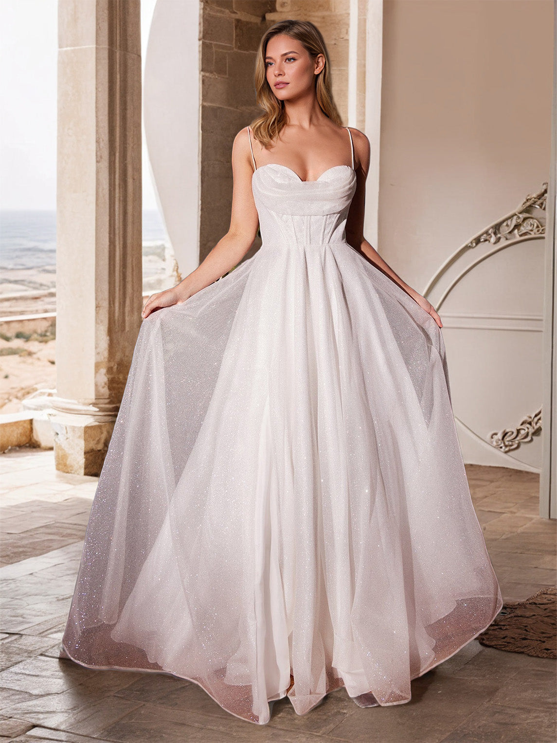Sweetheart Elfenbein Tüll Ärmellos Spaghettiträger Brautkleid